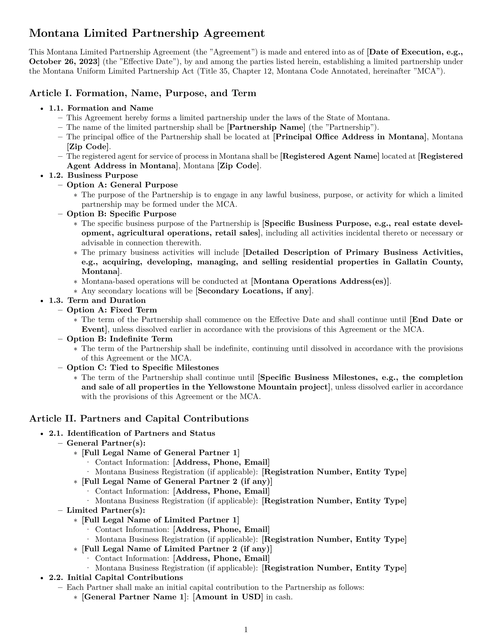 Preview page 1 of Pro Montana limited partnership agreement template