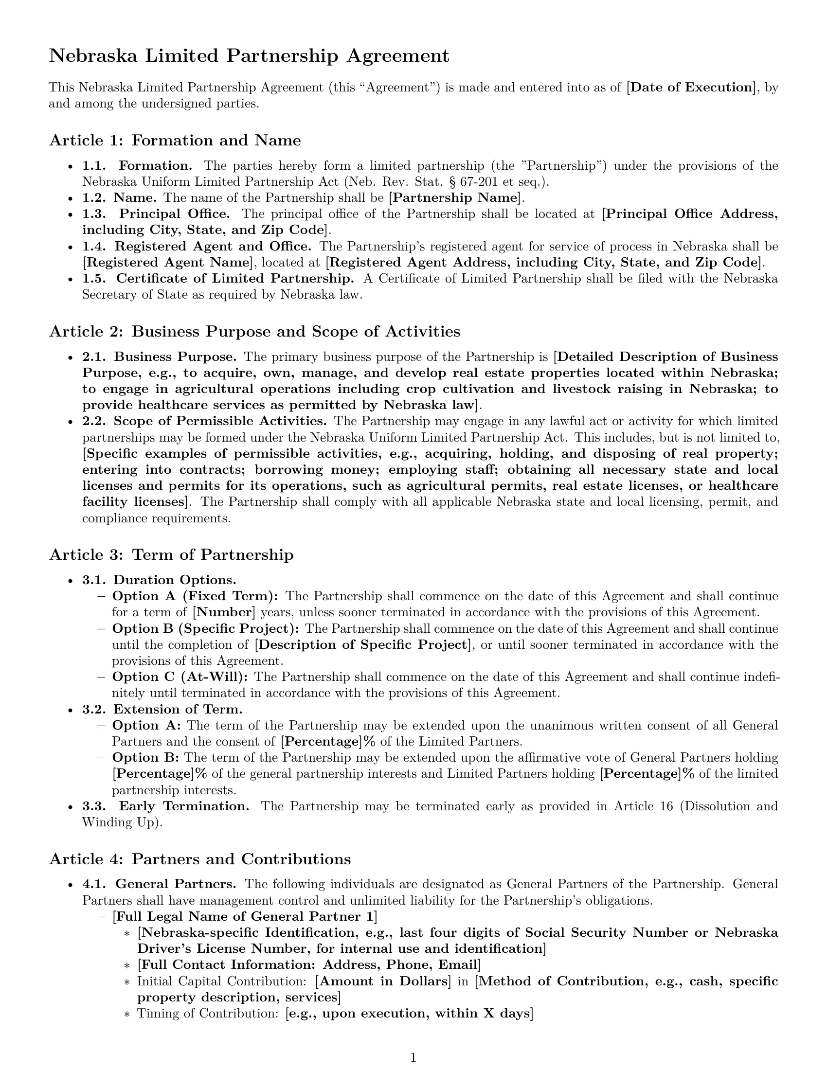 Preview page 1 of Pro Nebraska limited partnership agreement template
