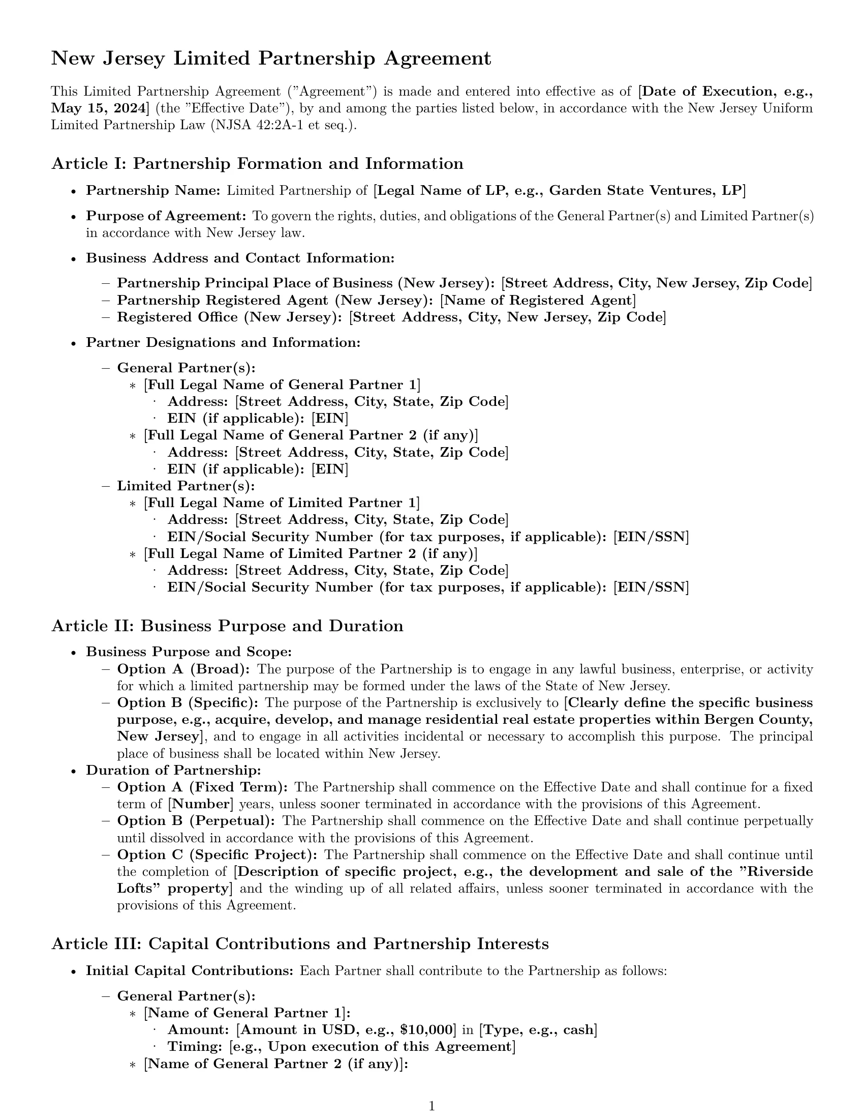 Preview page 1 of Pro New Jersey limited partnership agreement template