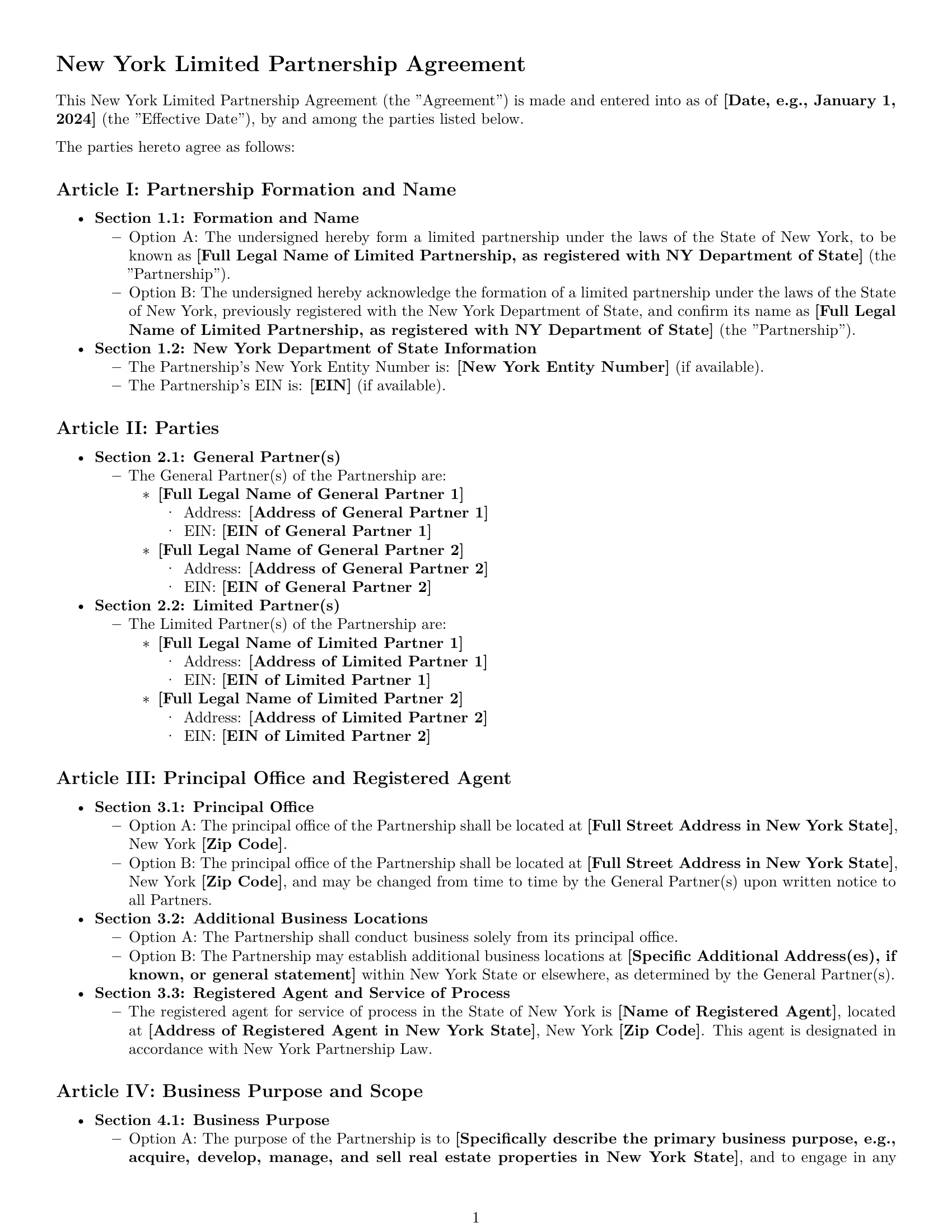 Preview page 1 of Pro New York limited partnership agreement template