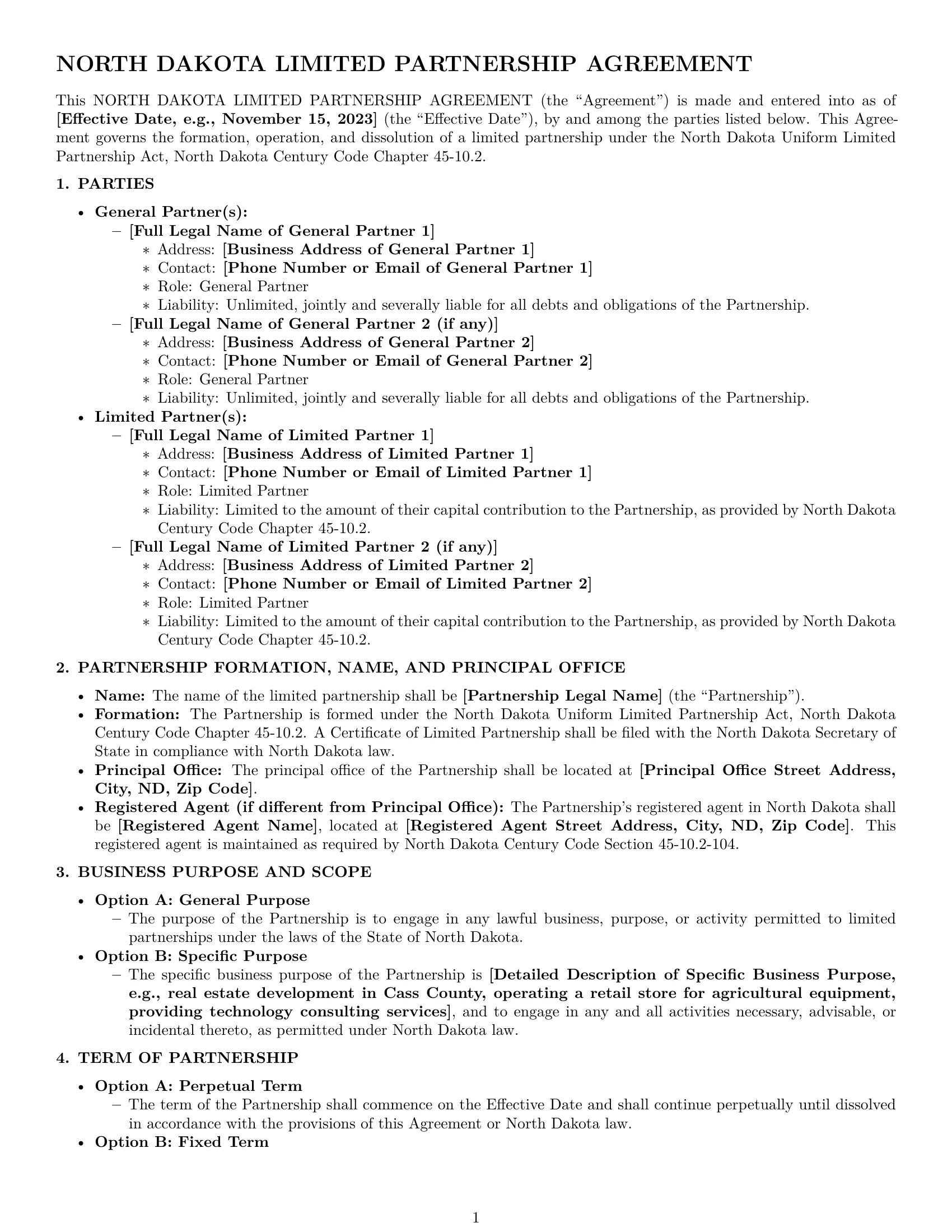 Preview page 1 of Pro North Dakota limited partnership agreement template