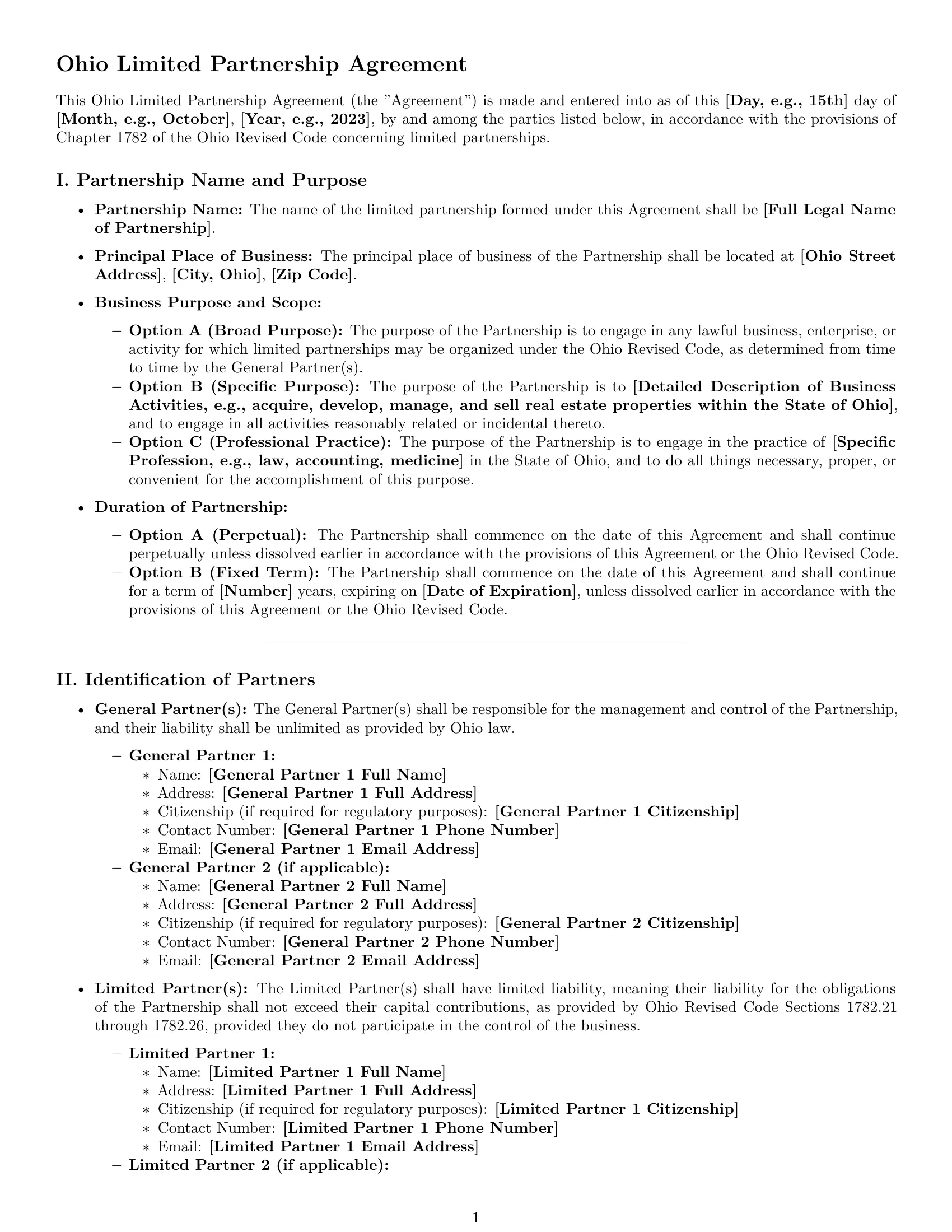 Preview page 1 of Pro Ohio limited partnership agreement template
