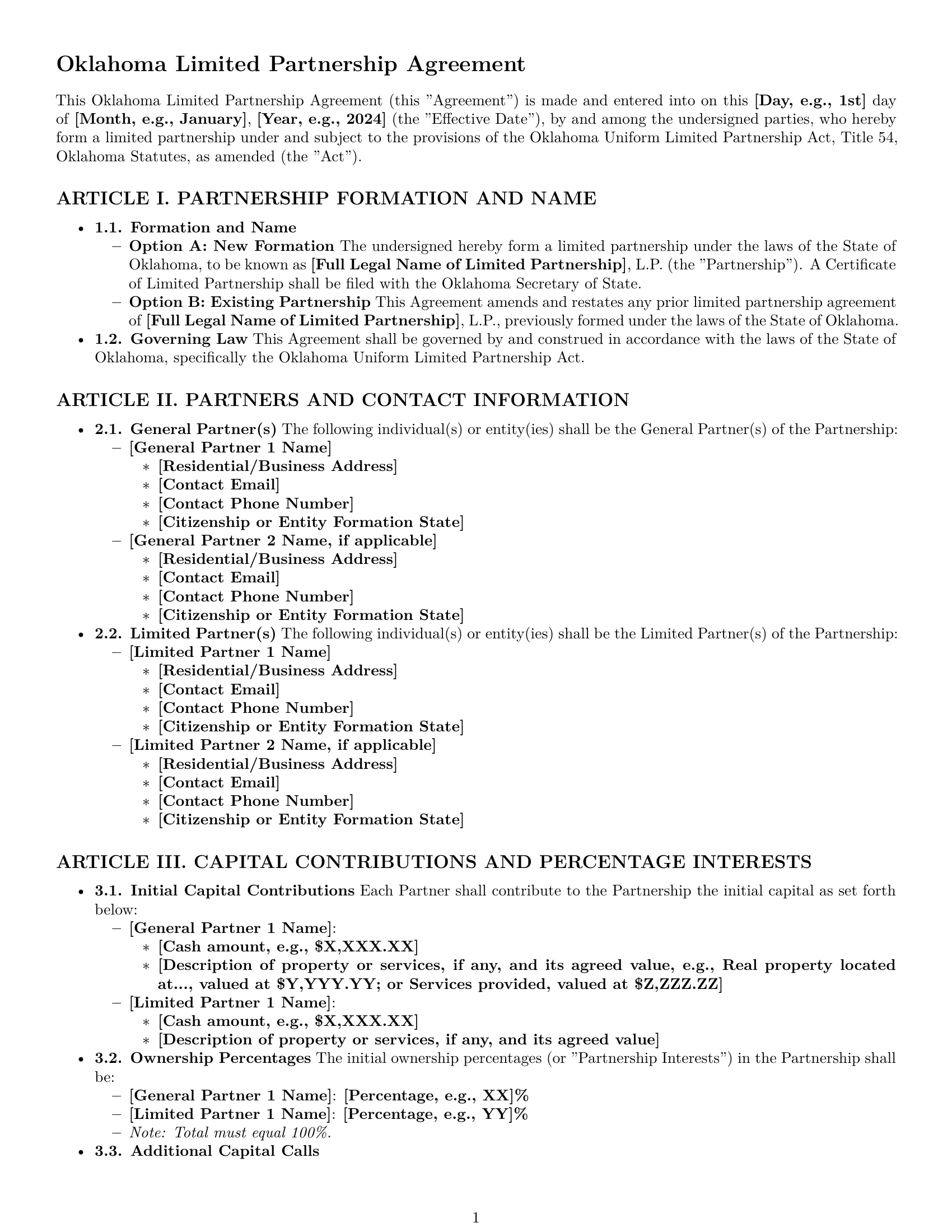 Preview page 1 of Pro Oklahoma limited partnership agreement template