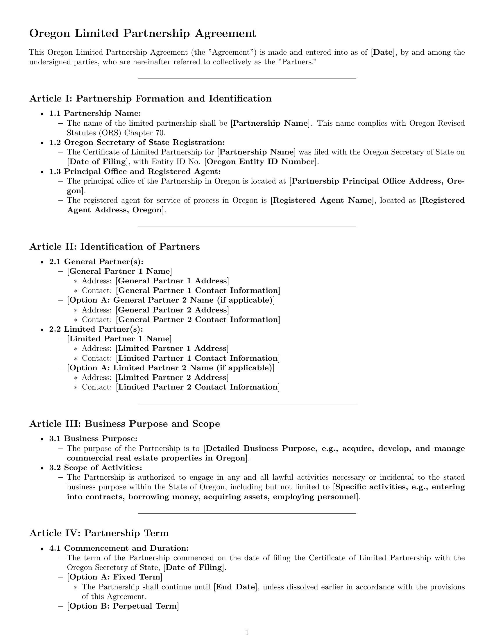Preview page 1 of Pro Oregon limited partnership agreement template