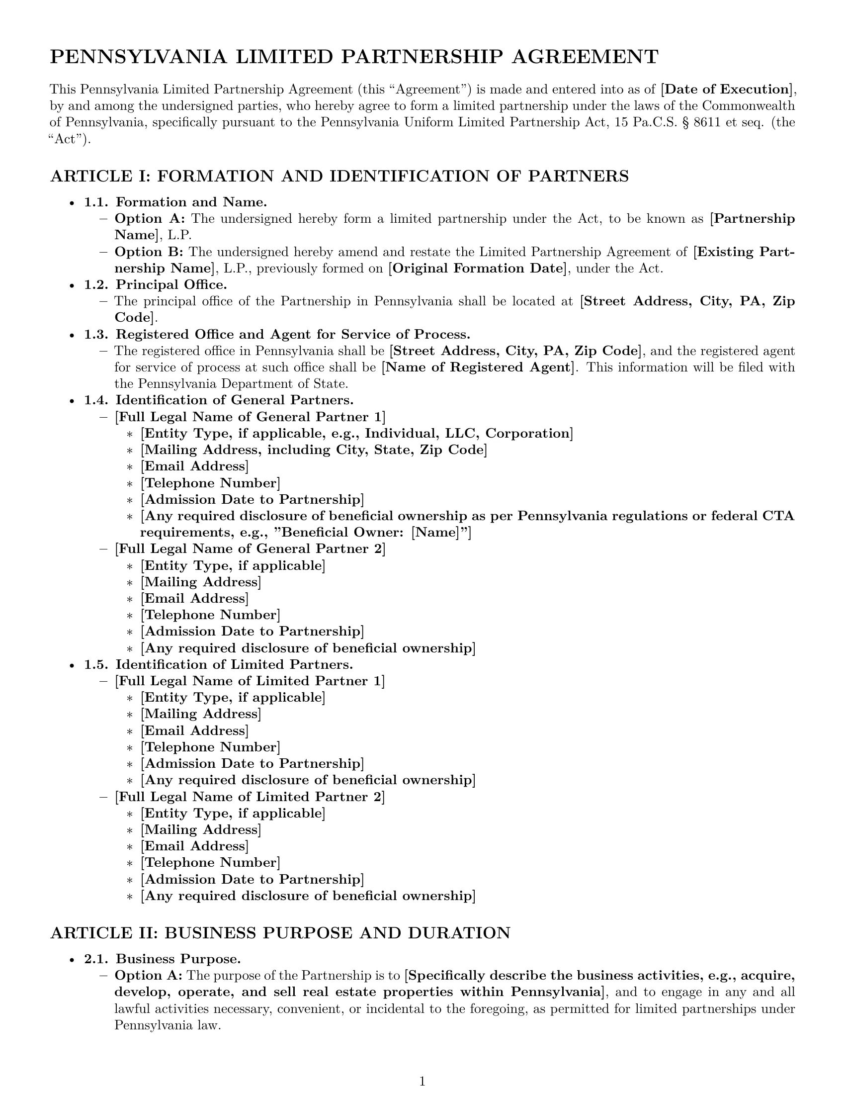 Preview page 1 of Pro Pennsylvania limited partnership agreement template