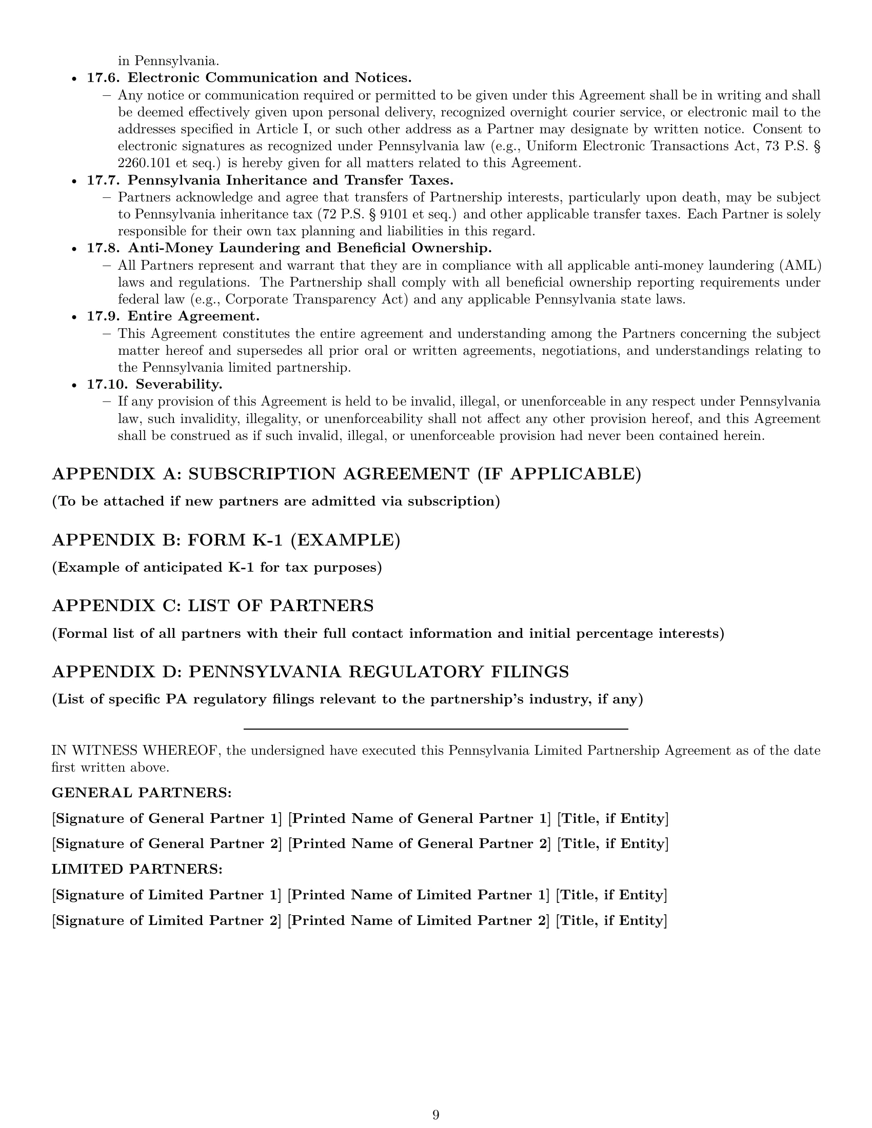 Preview page 9 of Pro Pennsylvania limited partnership agreement template