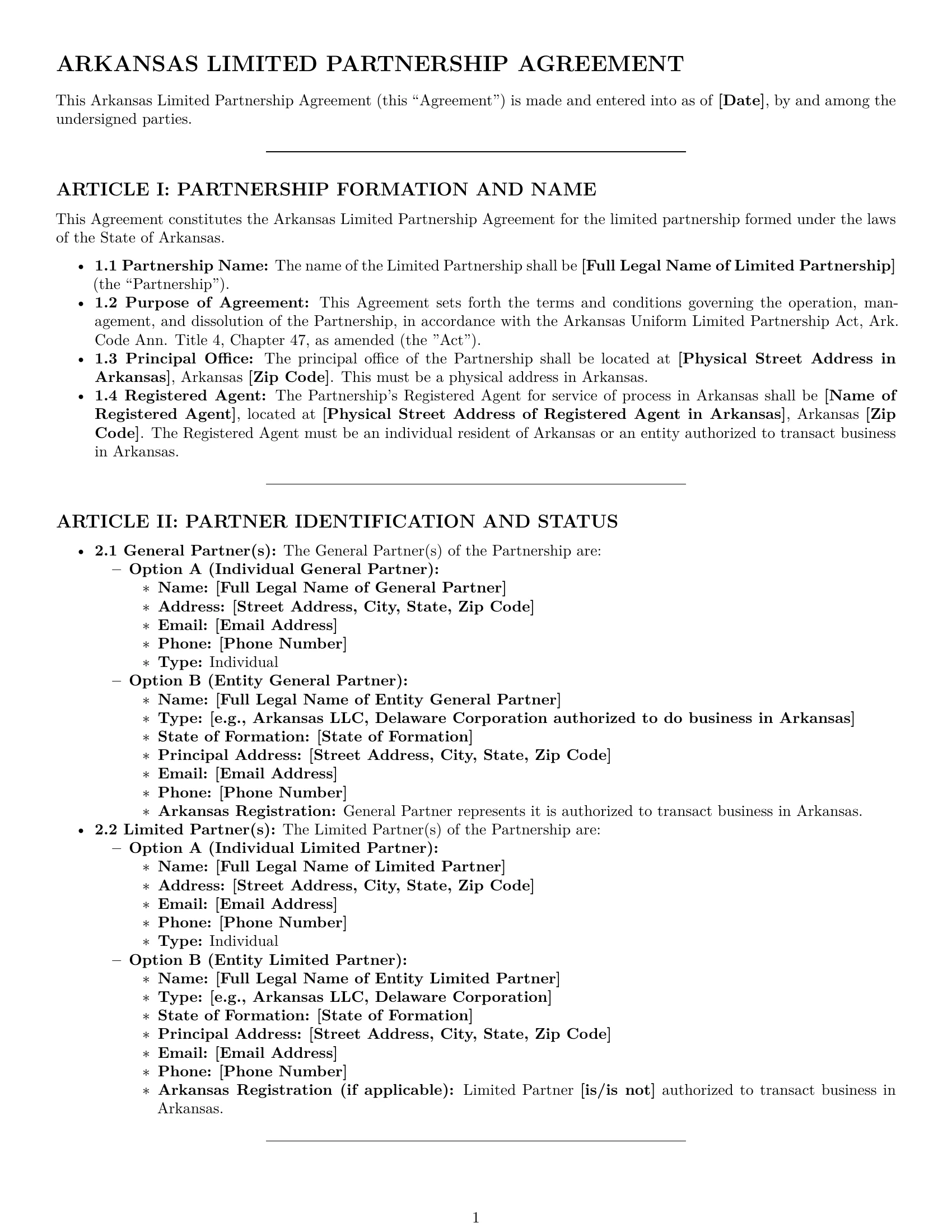 Preview page 1 of Pro Arkansas limited partnership agreement template