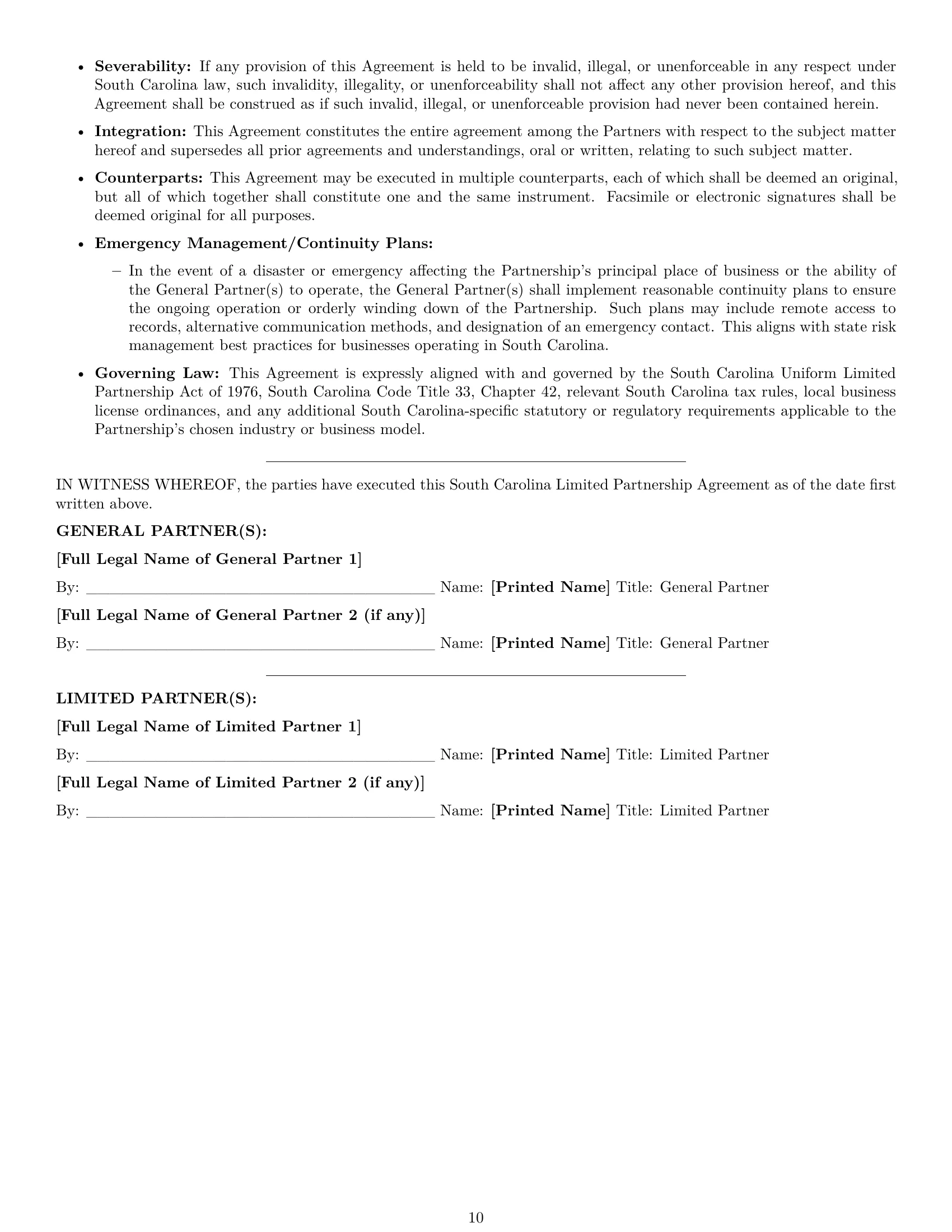 Preview page 10 of Pro South Carolina limited partnership agreement template