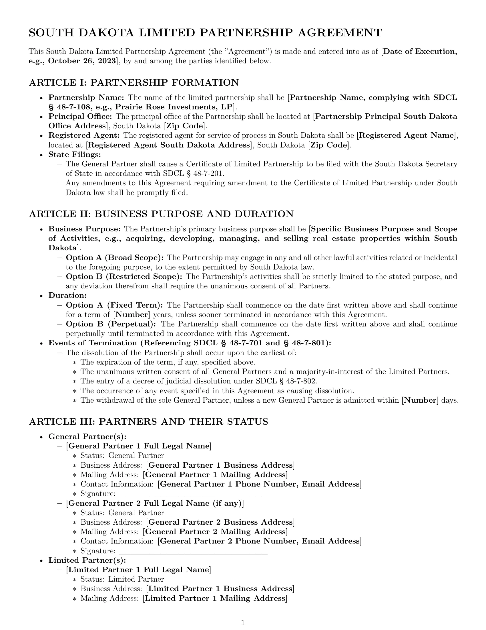 Preview page 1 of Pro South Dakota limited partnership agreement template