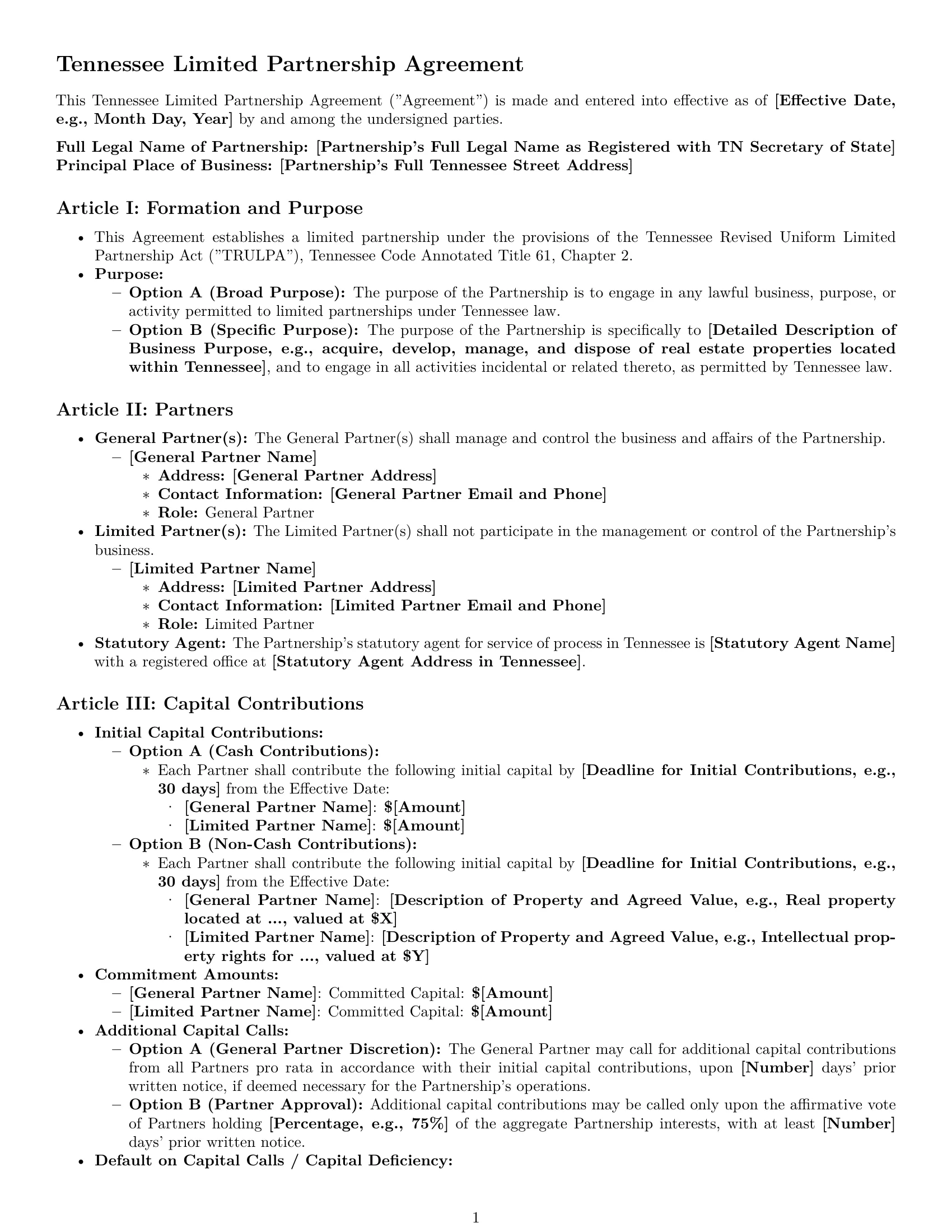 Preview page 1 of Pro Tennessee limited partnership agreement template