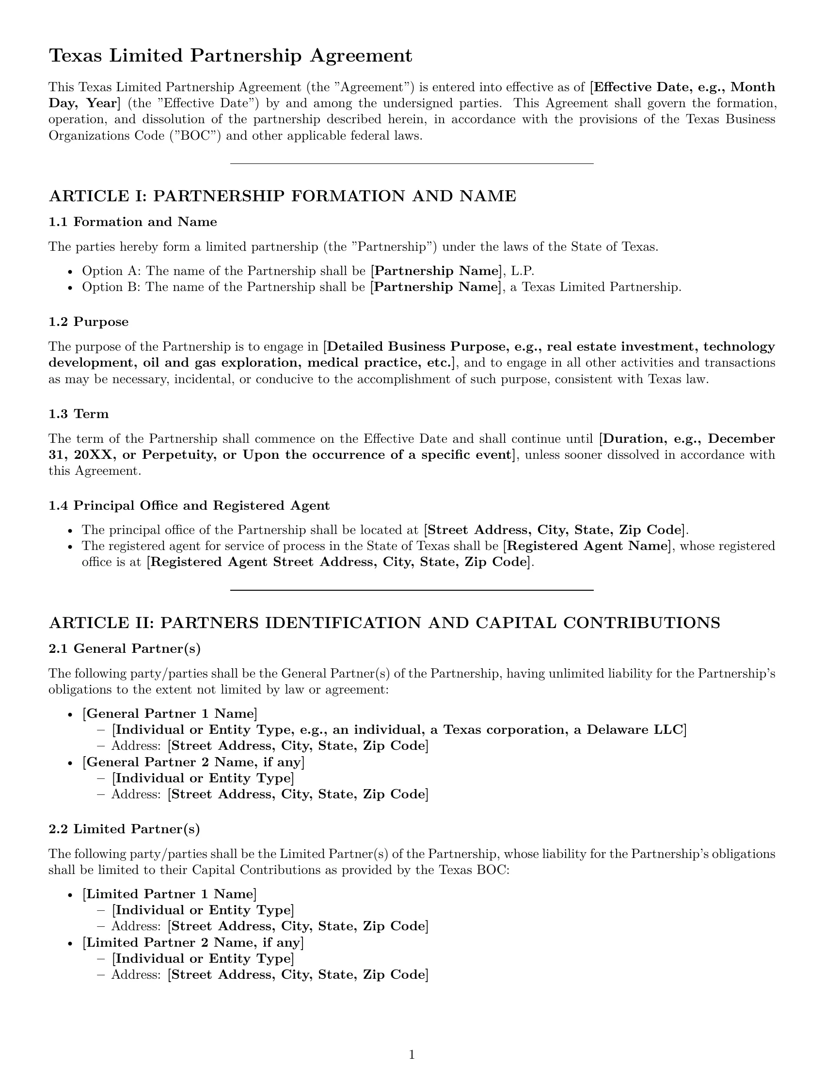 Preview page 1 of Pro Texas limited partnership agreement template