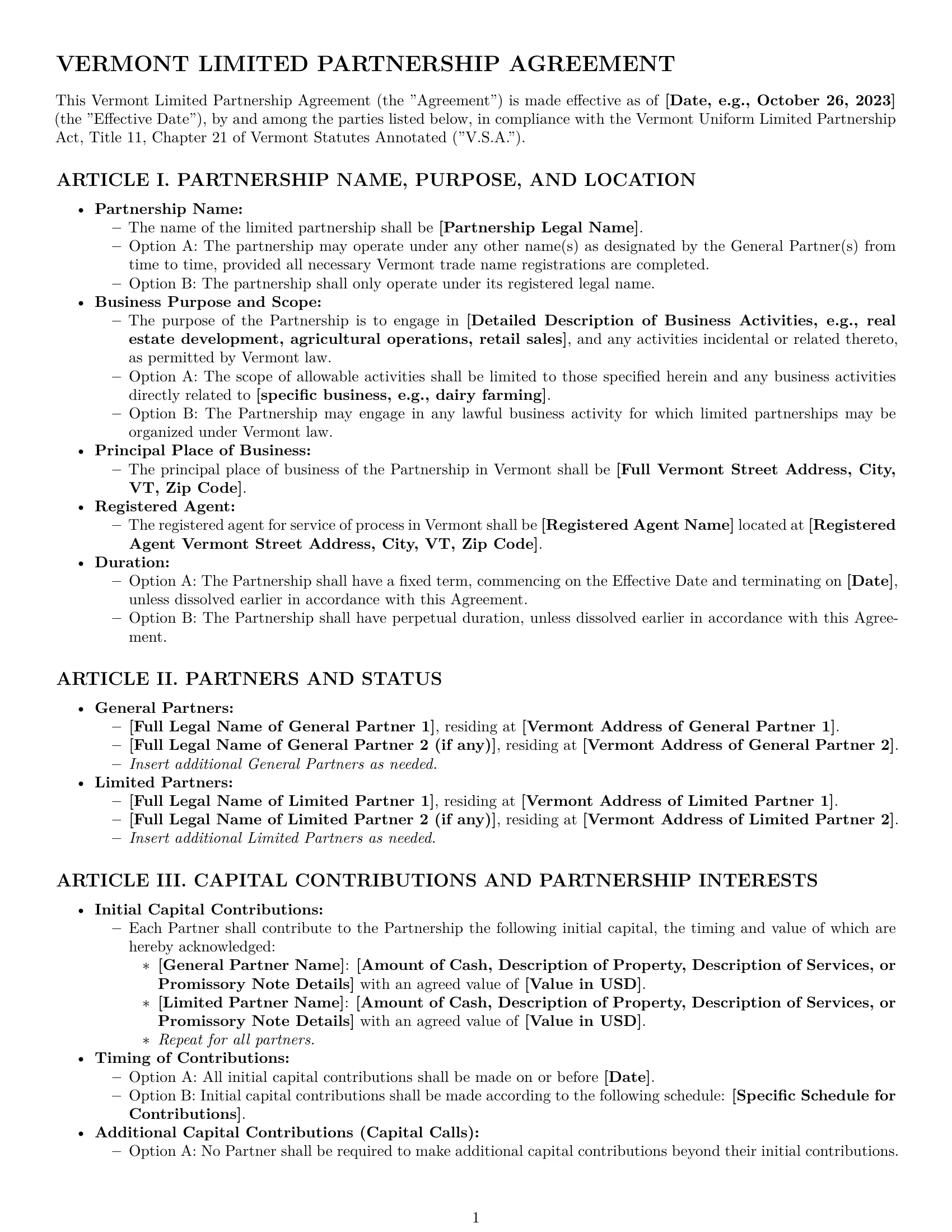 Preview page 1 of Pro Vermont limited partnership agreement template