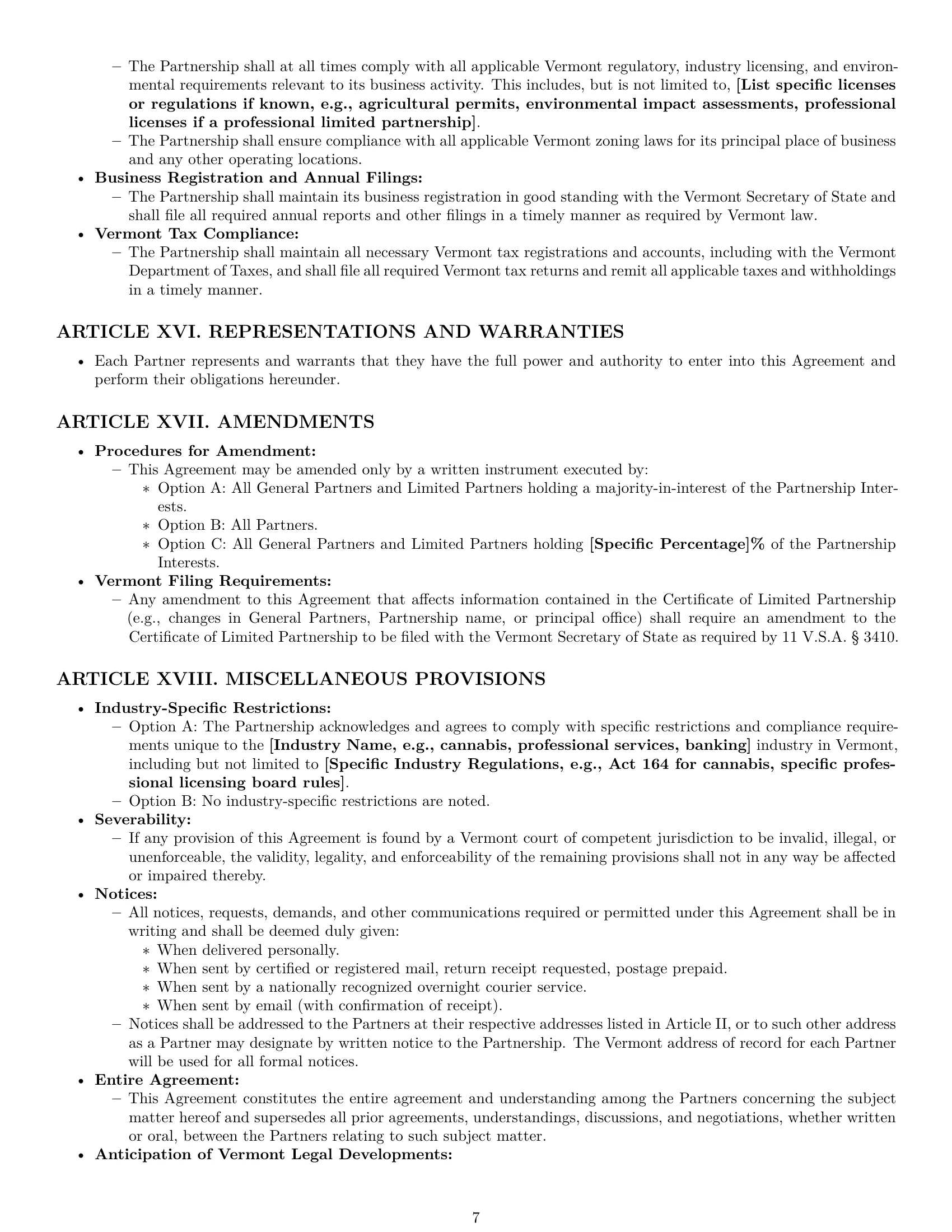 Preview page 7 of Pro Vermont limited partnership agreement template