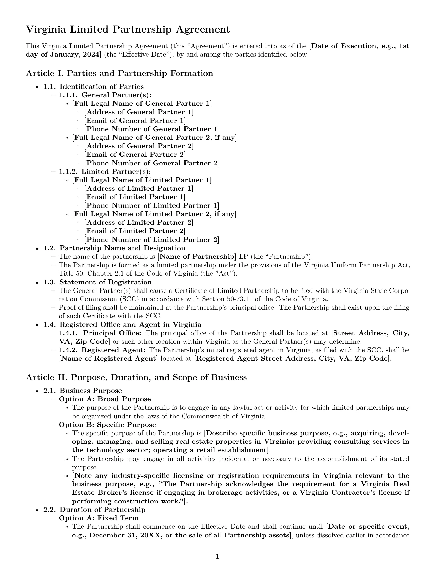 Preview page 1 of Pro Virginia limited partnership agreement template