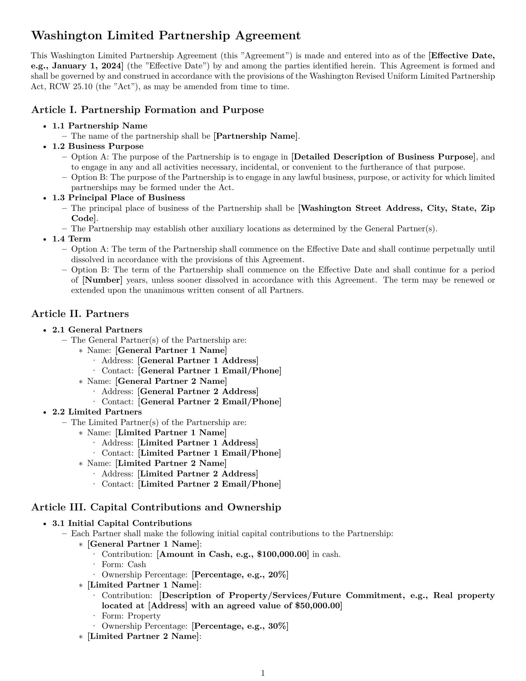 Preview page 1 of Pro Washington limited partnership agreement template
