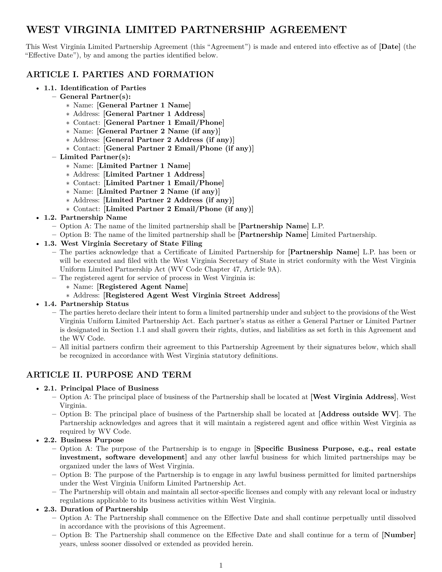Preview page 1 of Pro West Virginia limited partnership agreement template