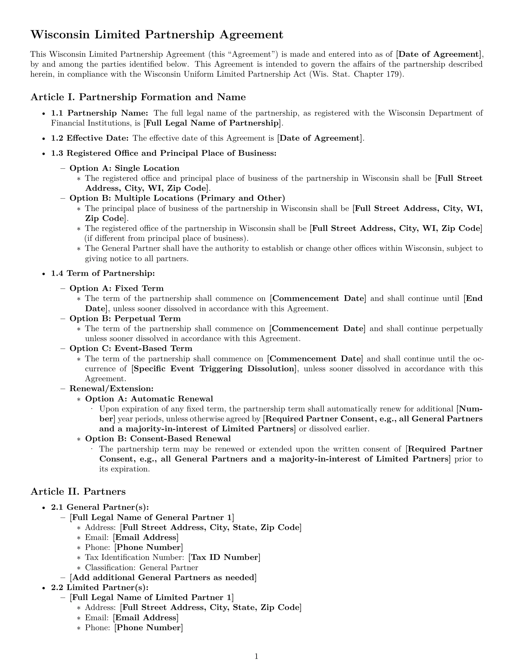 Preview page 1 of Pro Wisconsin limited partnership agreement template