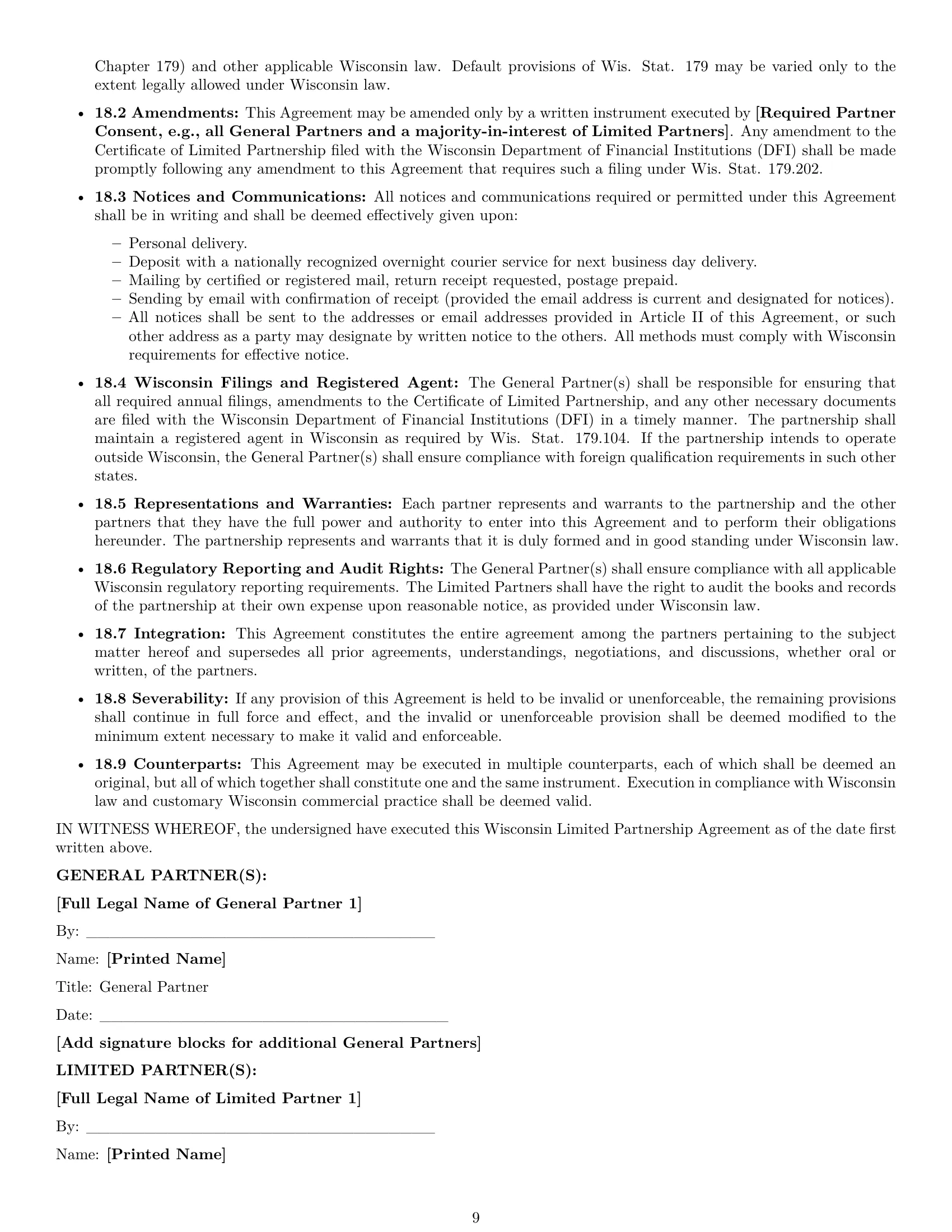 Preview page 9 of Pro Wisconsin limited partnership agreement template