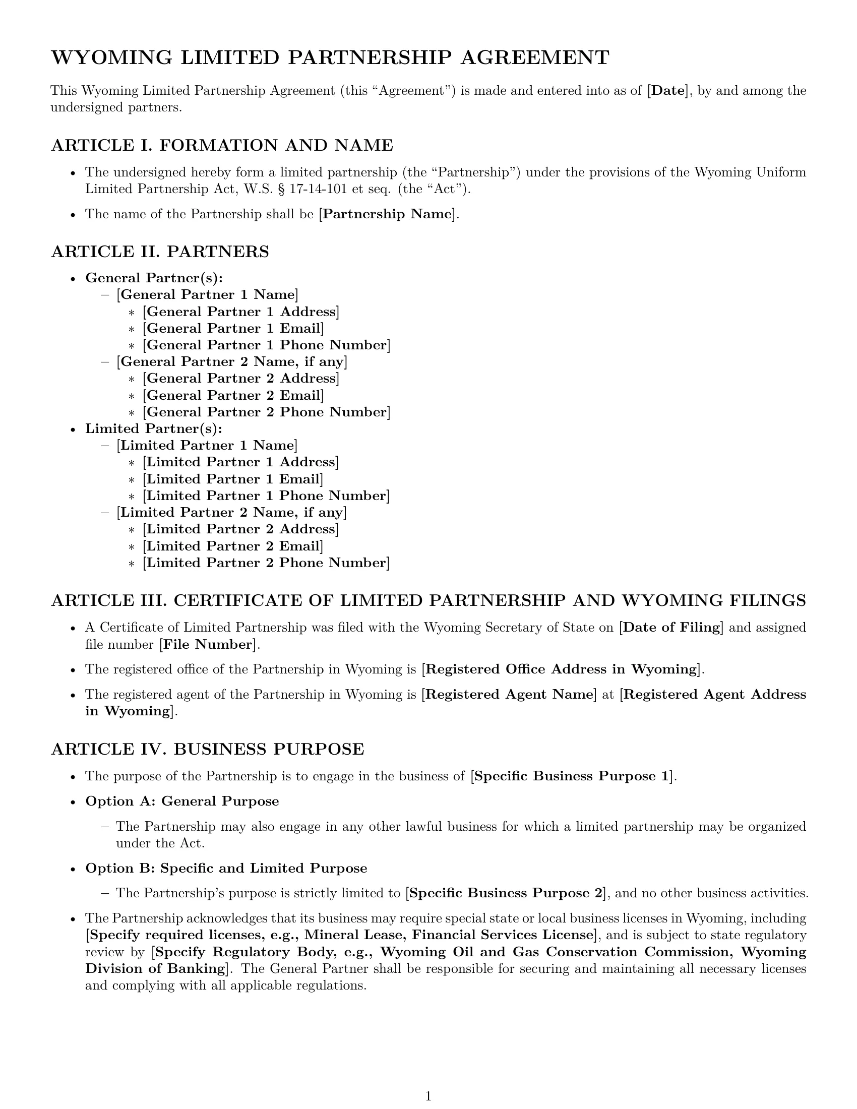 Preview page 1 of Pro Wyoming limited partnership agreement template