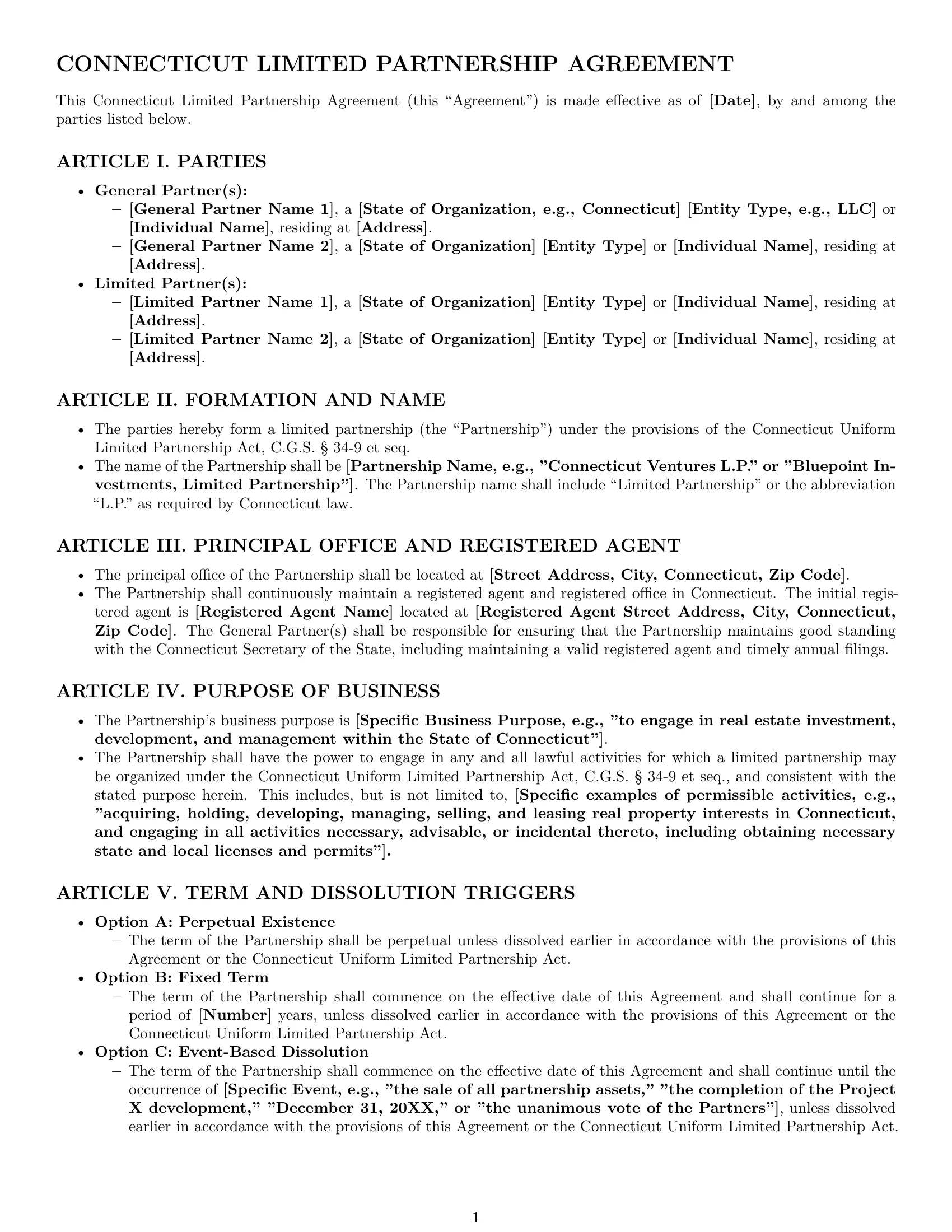 Preview page 1 of Pro Connecticut limited partnership agreement template