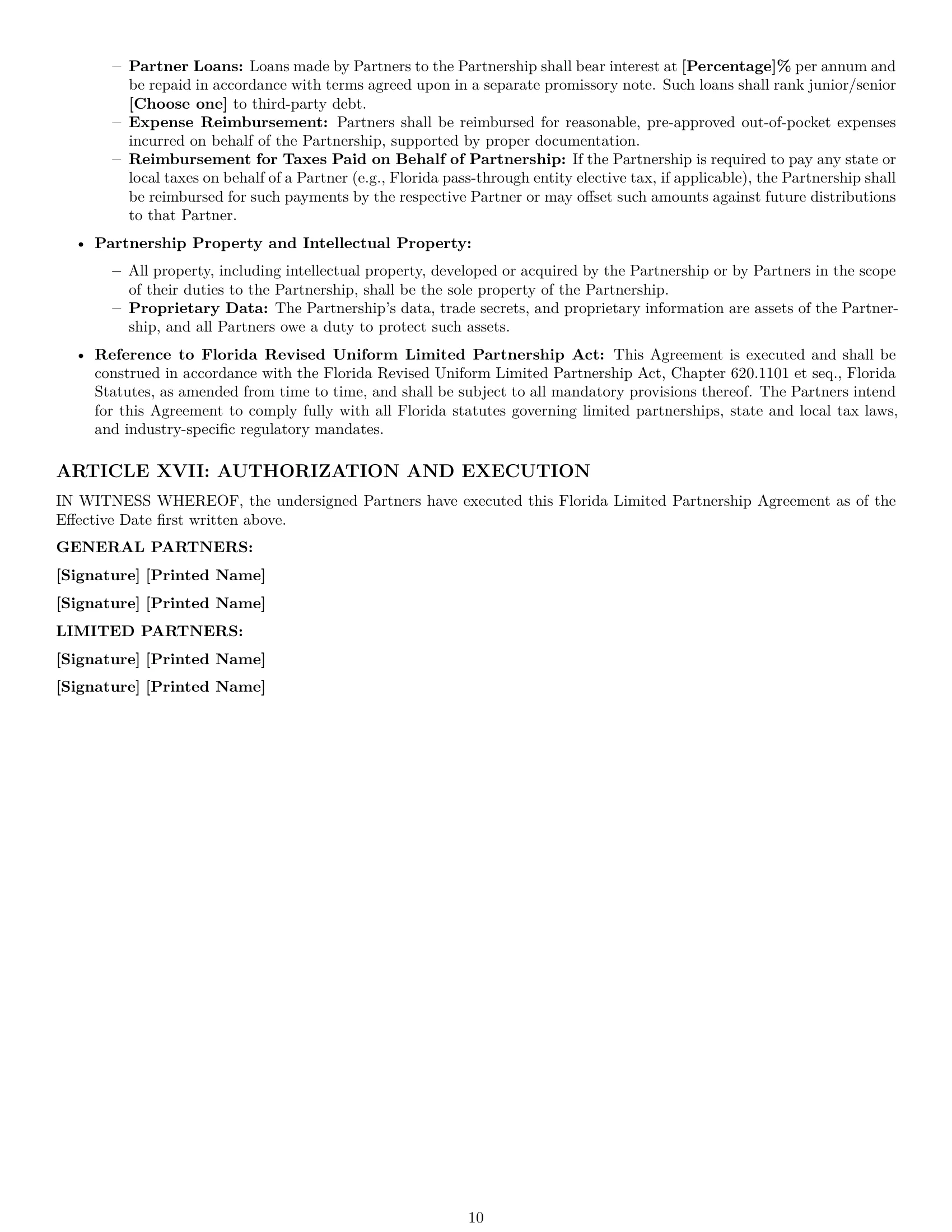 Preview page 10 of Pro Florida limited partnership agreement template