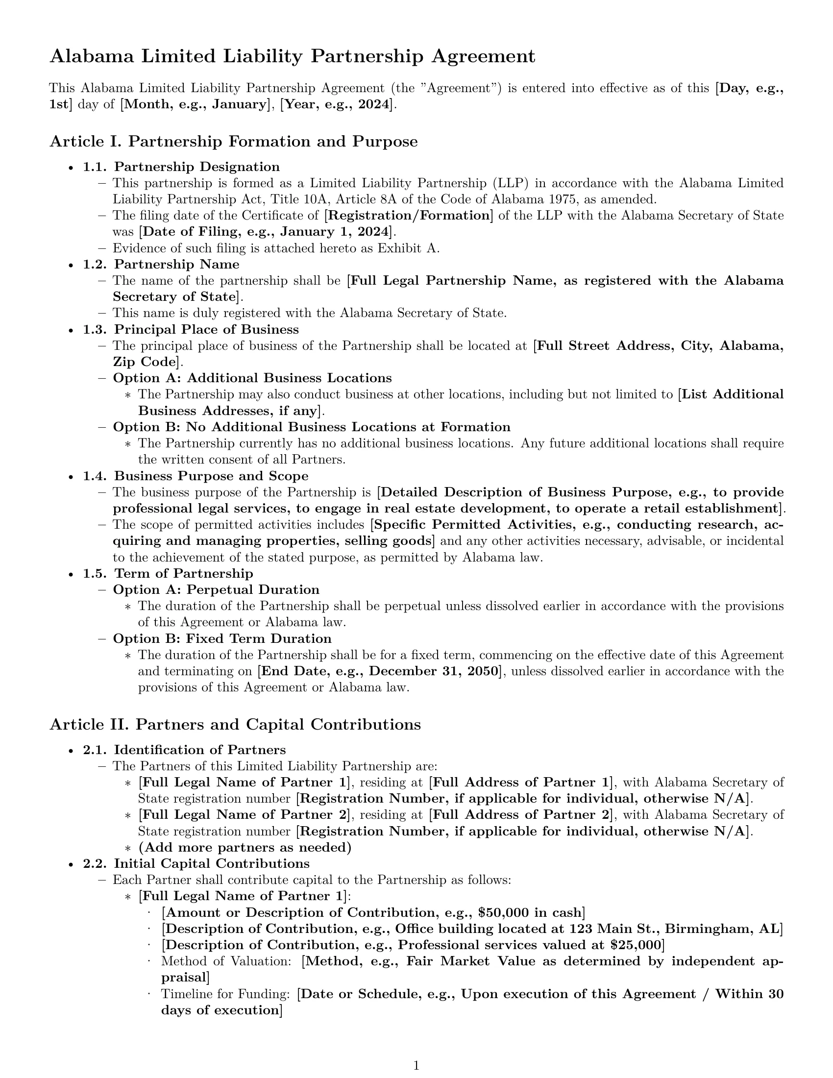 Preview page 1 of Pro Alabama limited liability partnership agreement template
