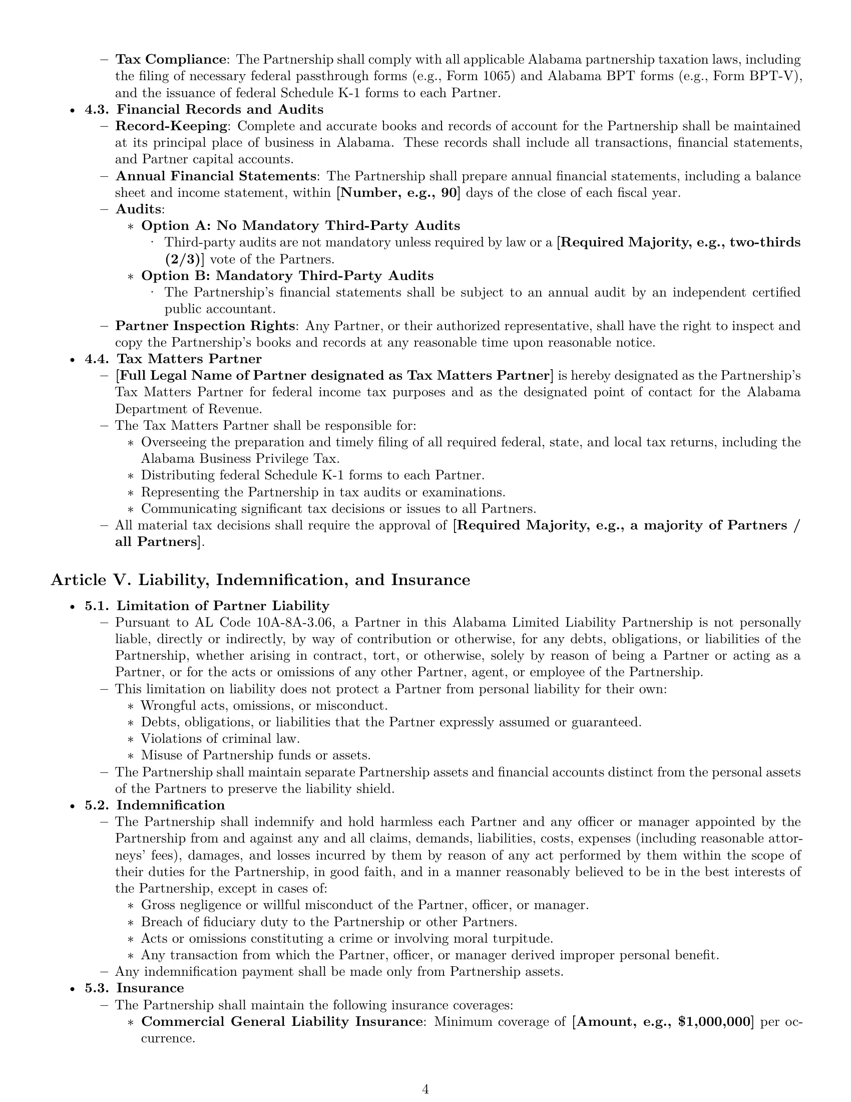 Preview page 4 of Pro Alabama limited liability partnership agreement template
