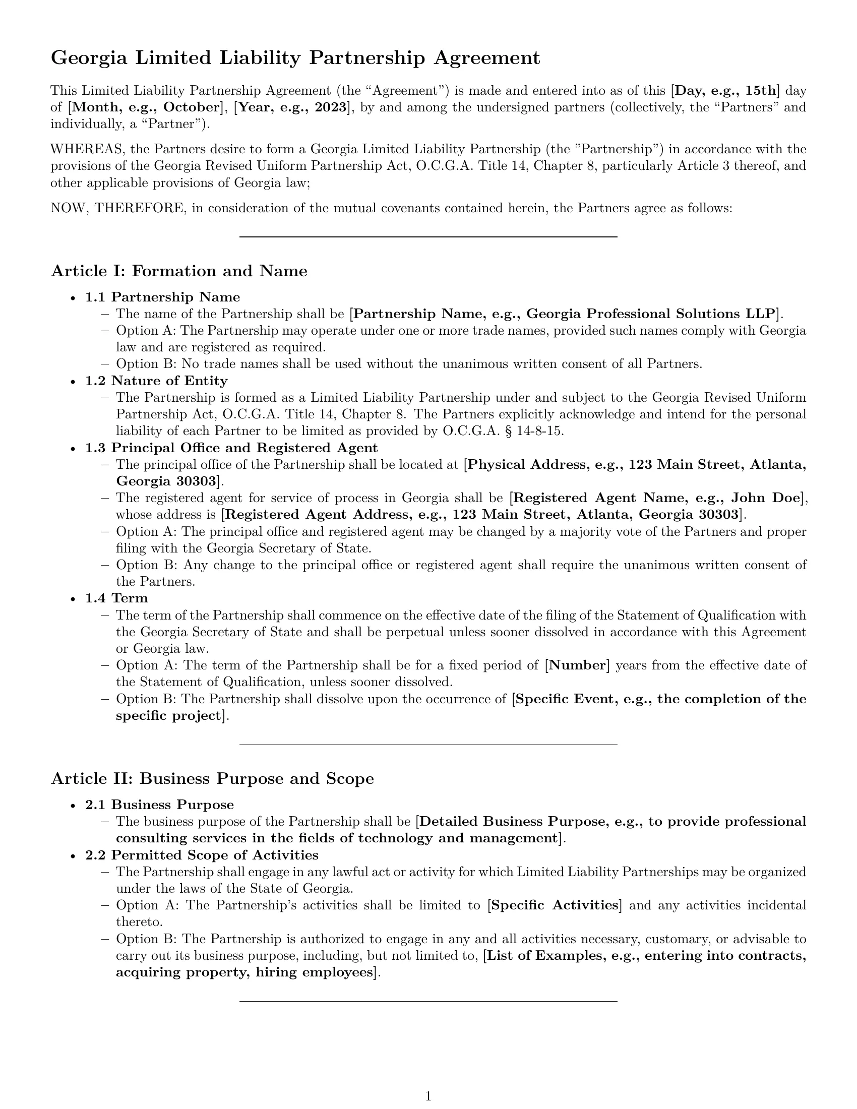 Preview page 1 of Pro Georgia limited liability partnership agreement template