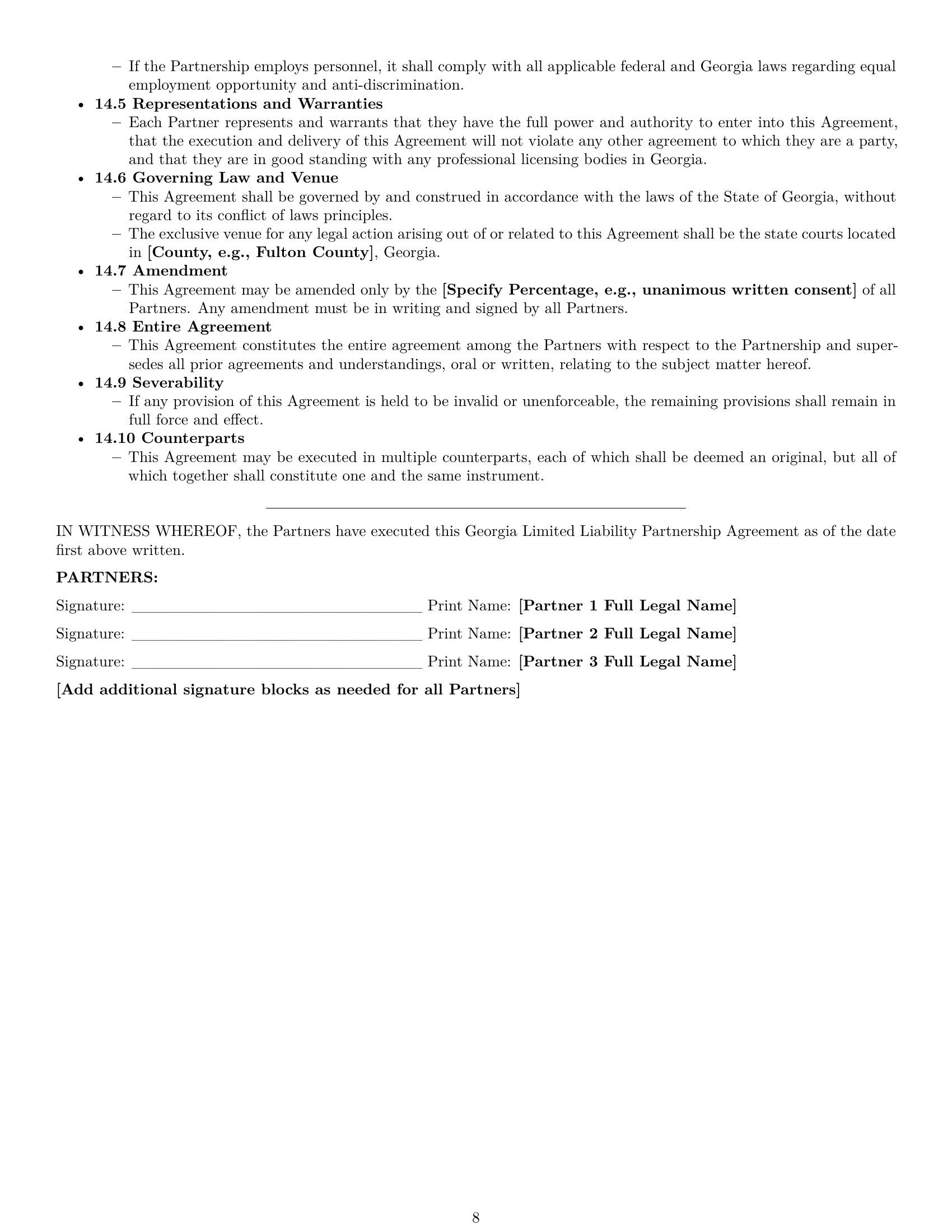 Preview page 8 of Pro Georgia limited liability partnership agreement template