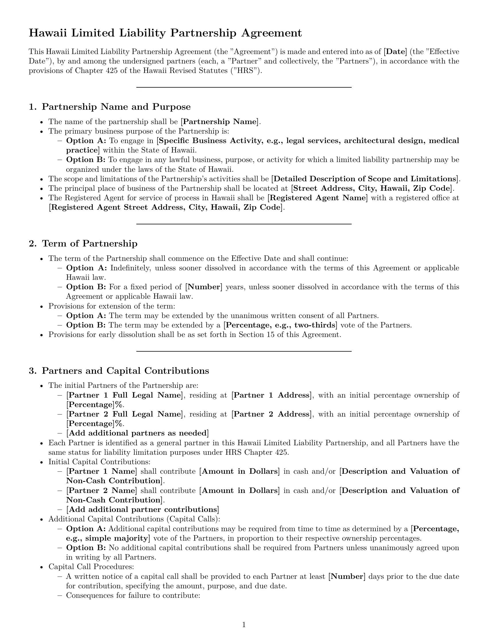 Preview page 1 of Pro Hawaii limited liability partnership agreement template