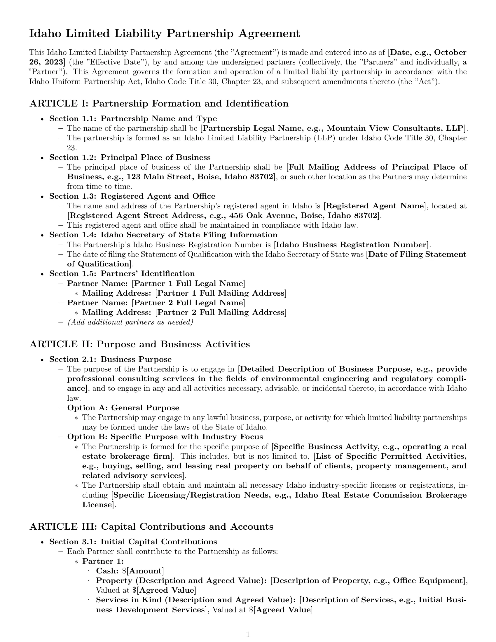 Preview page 1 of Pro Idaho limited liability partnership agreement template
