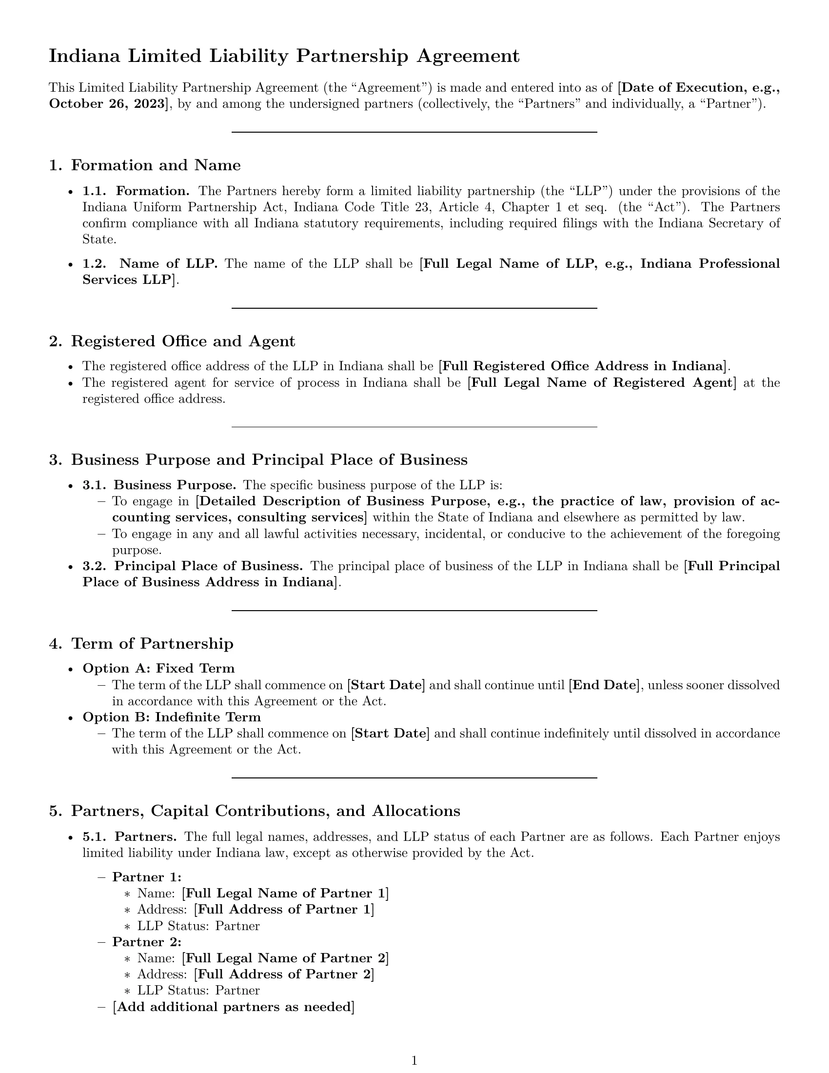 Preview page 1 of Pro Indiana limited liability partnership agreement template