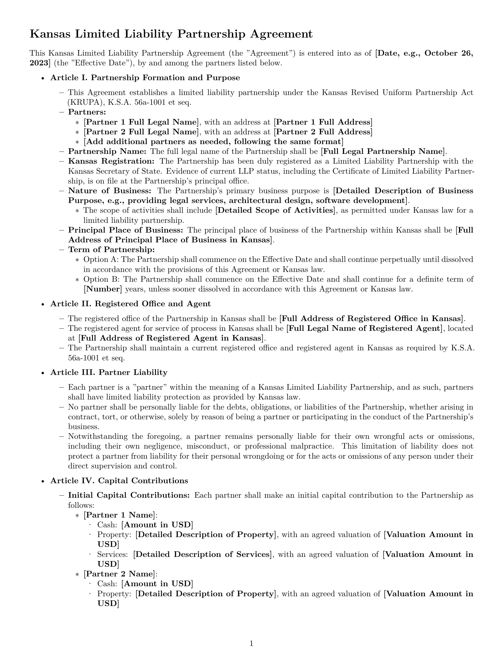 Preview page 1 of Pro Kansas limited liability partnership agreement template