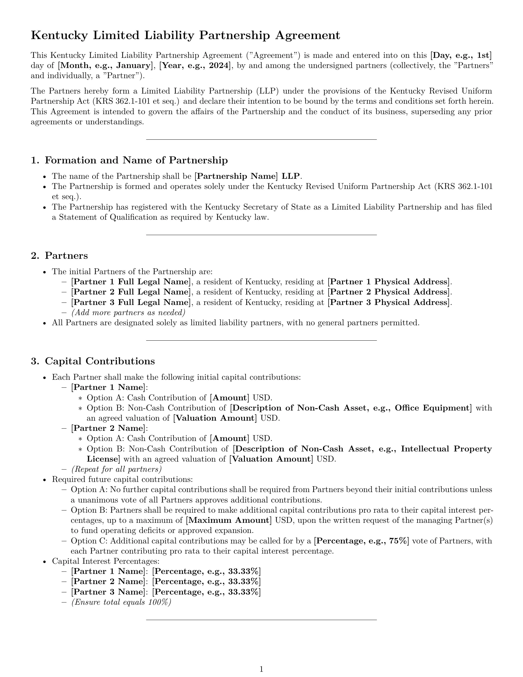 Preview page 1 of Pro Kentucky limited liability partnership agreement template
