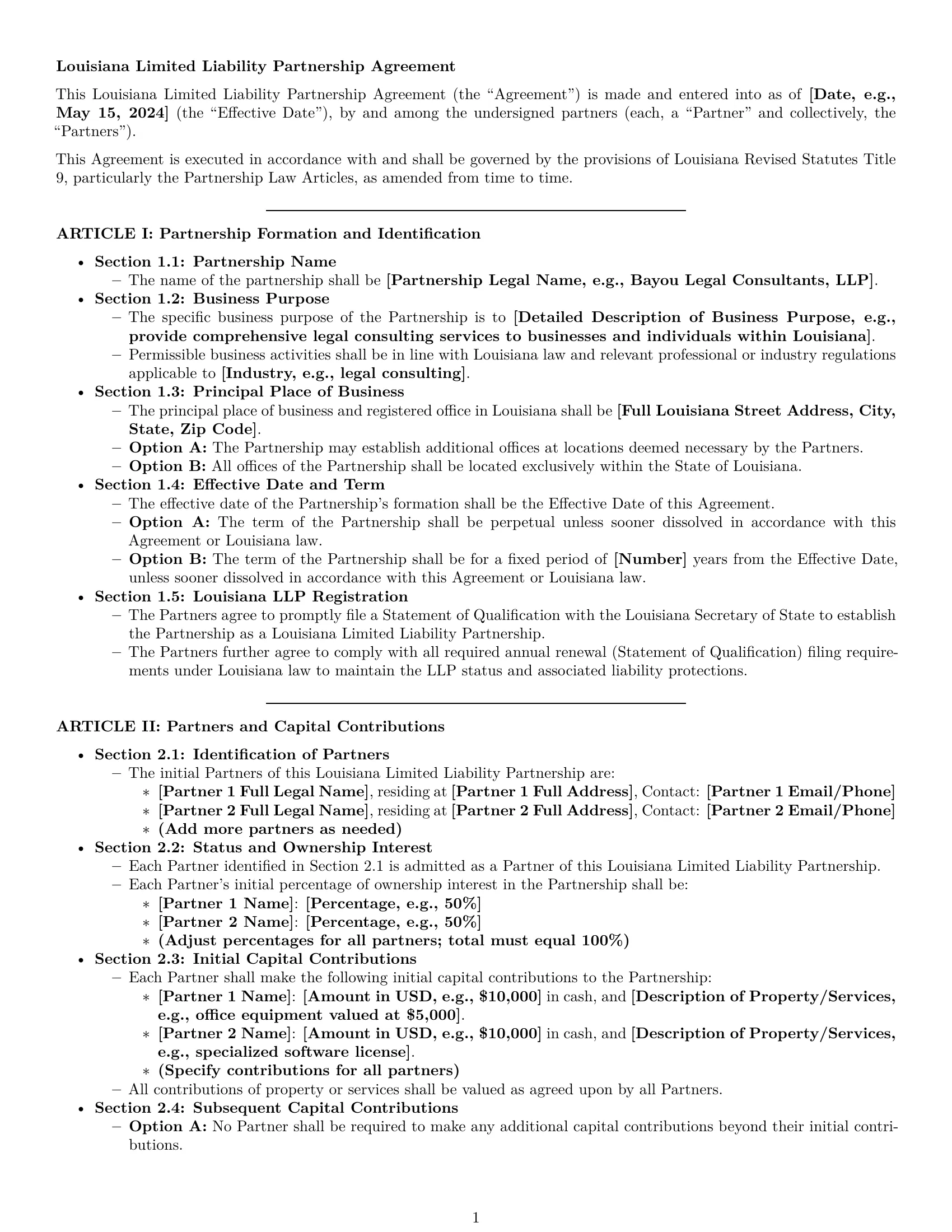 Preview page 1 of Pro Louisiana limited liability partnership agreement template