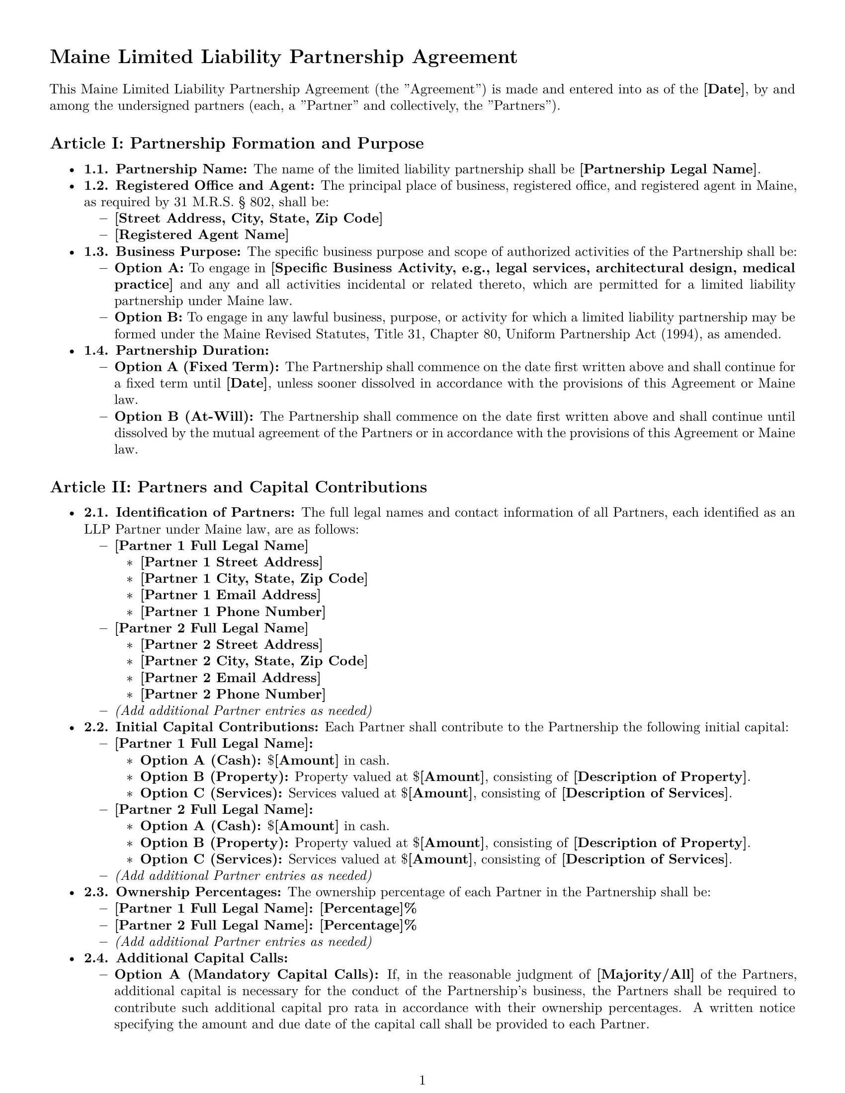 Preview page 1 of Pro Maine limited liability partnership agreement template