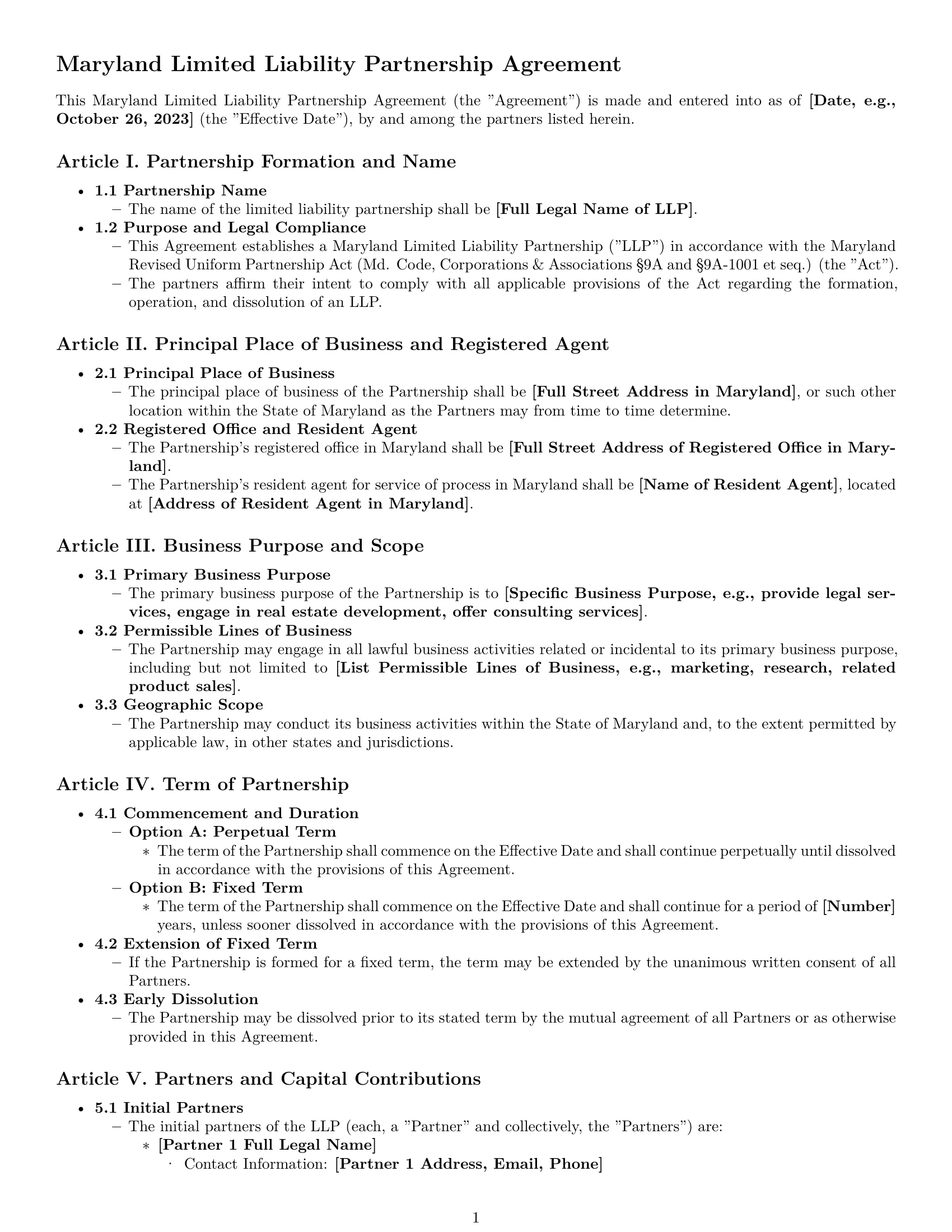 Preview page 1 of Pro Maryland limited liability partnership agreement template