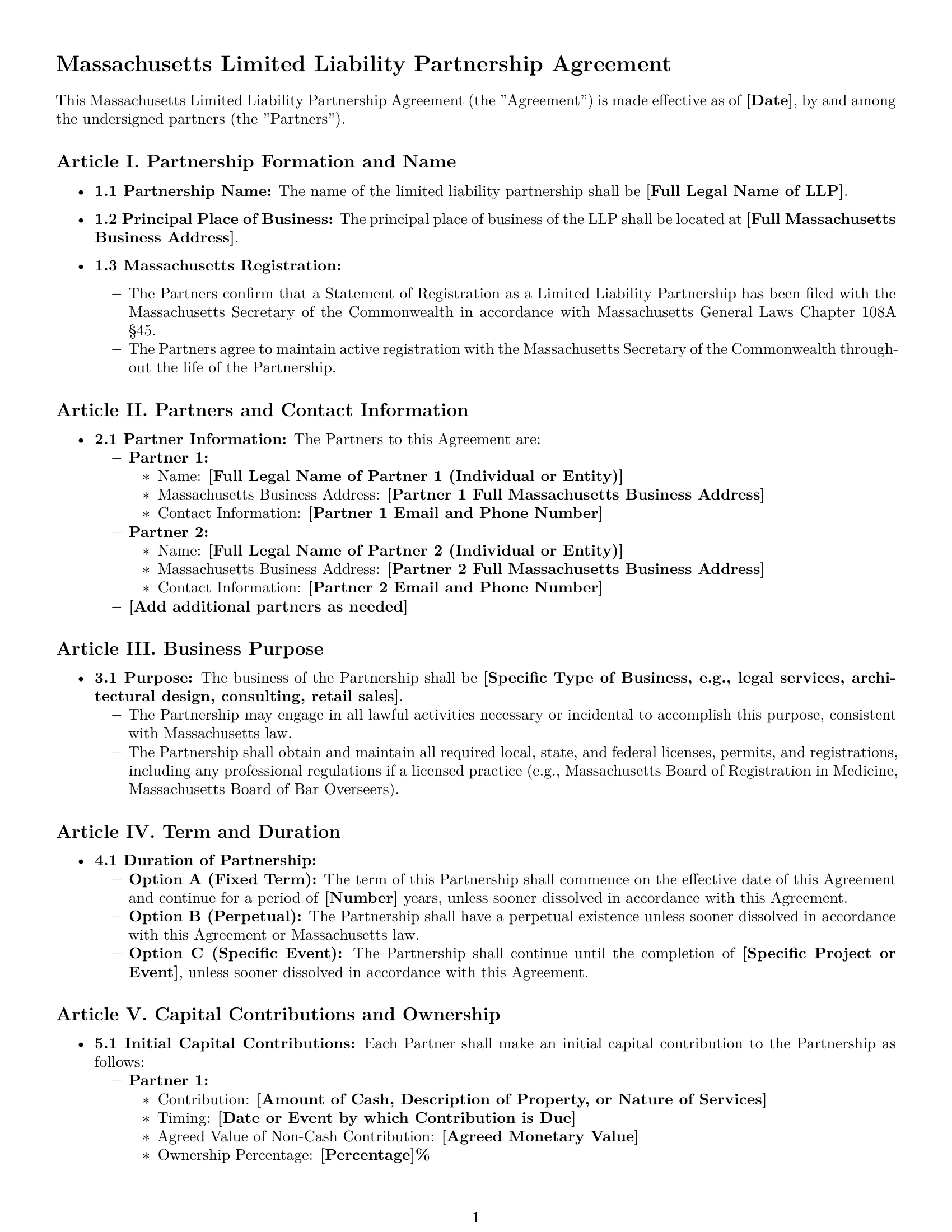 Preview page 1 of Pro Massachusetts limited liability partnership agreement template