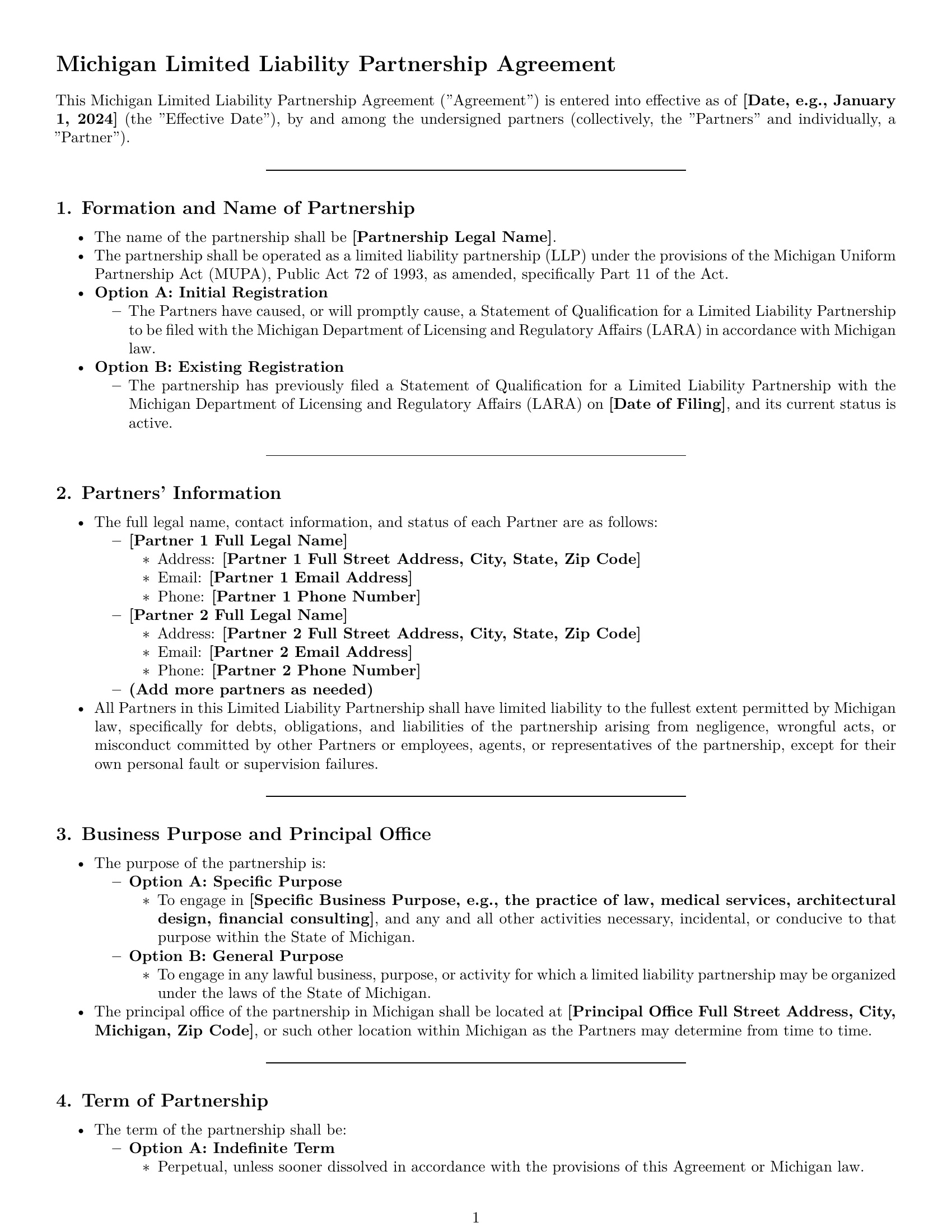 Preview page 1 of Pro Michigan limited liability partnership agreement template