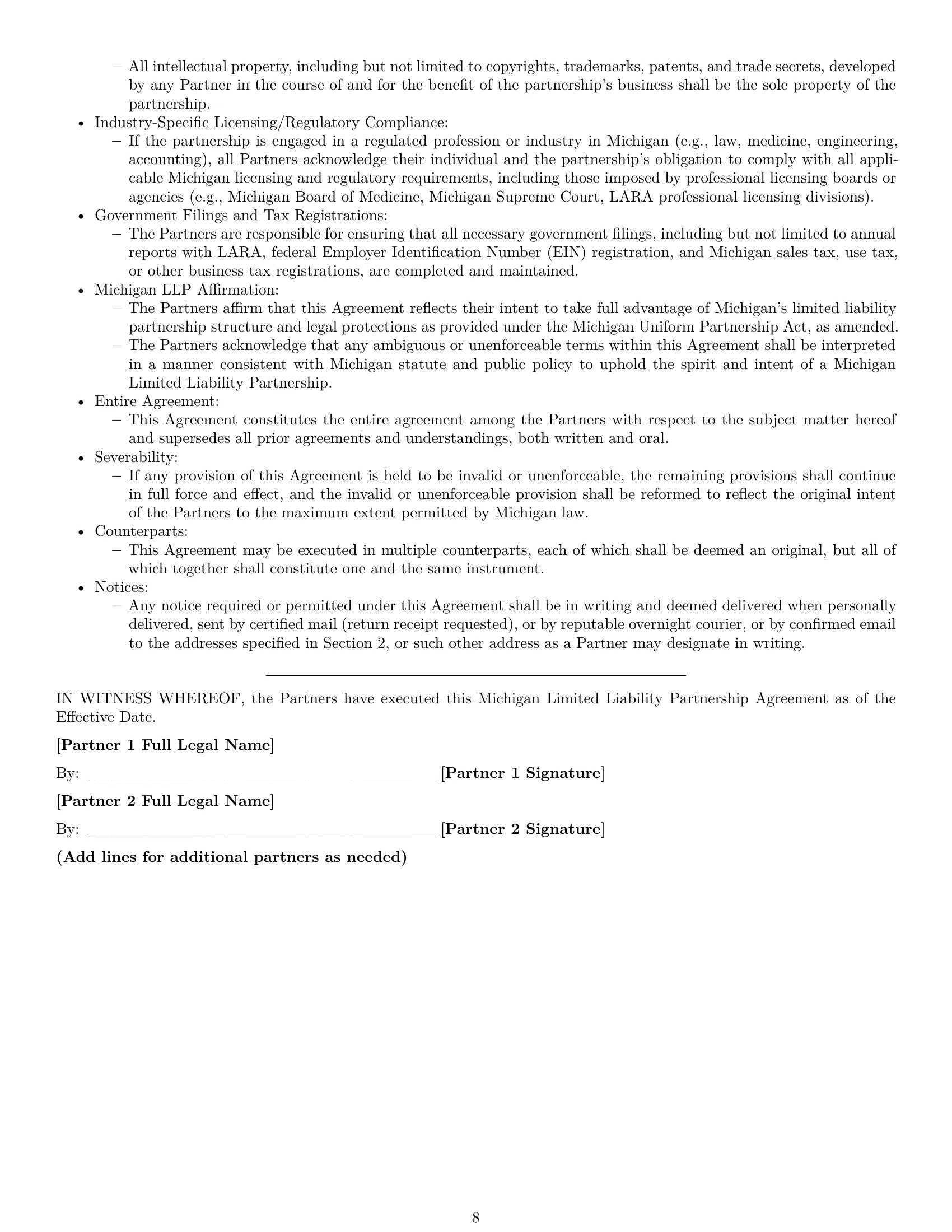 Preview page 8 of Pro Michigan limited liability partnership agreement template