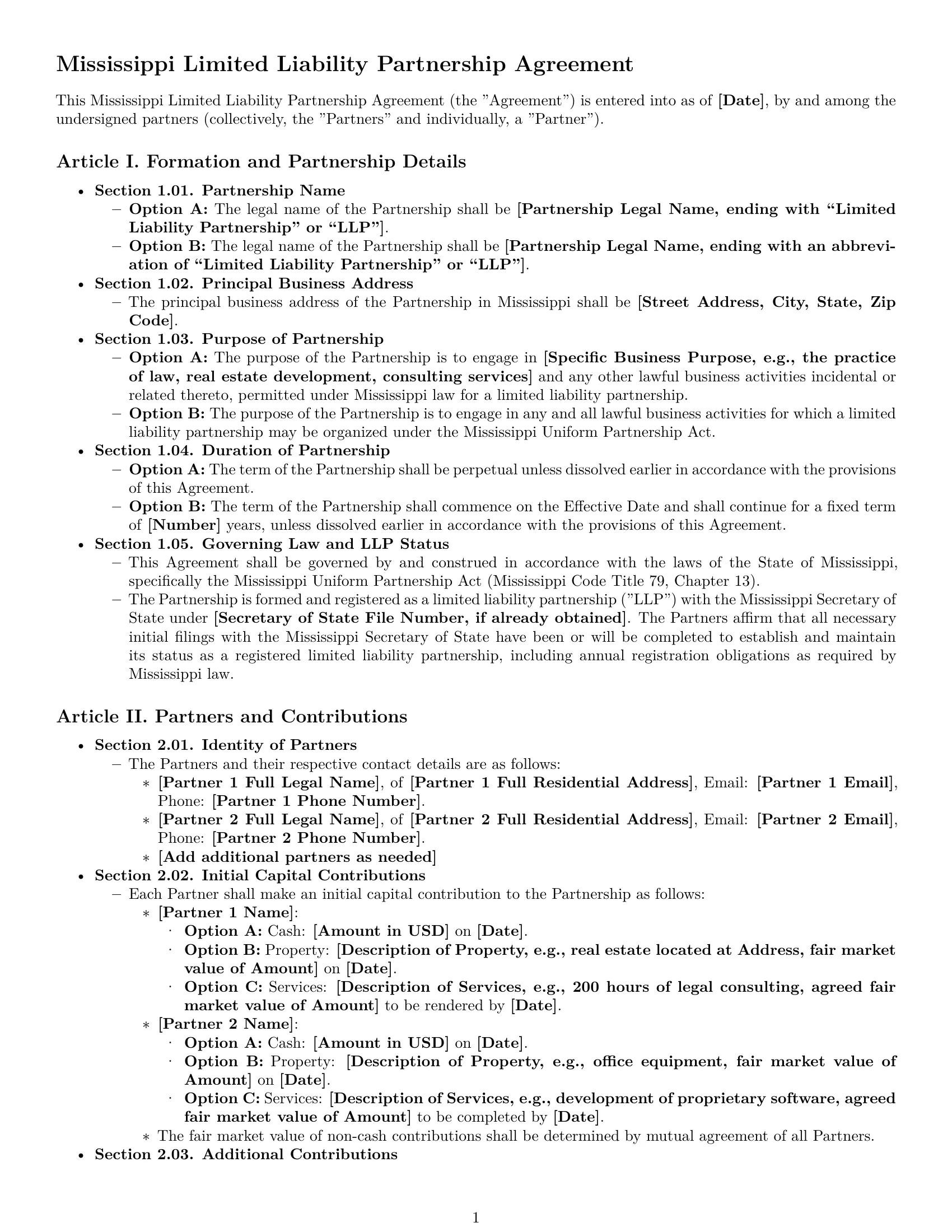 Preview page 1 of Pro Mississippi limited liability partnership agreement template