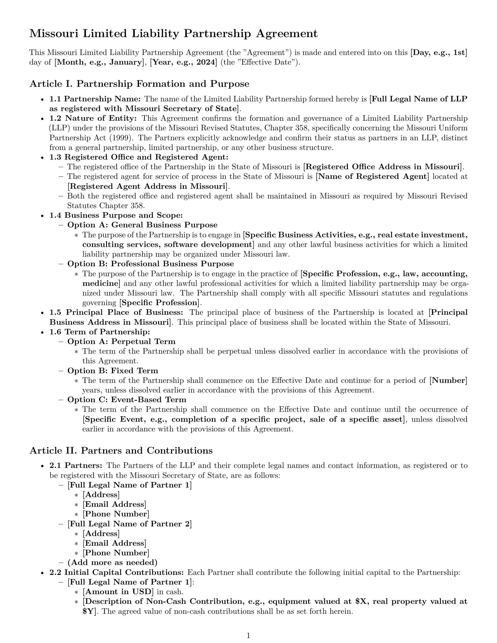 Preview page 1 of Pro Missouri limited liability partnership agreement template