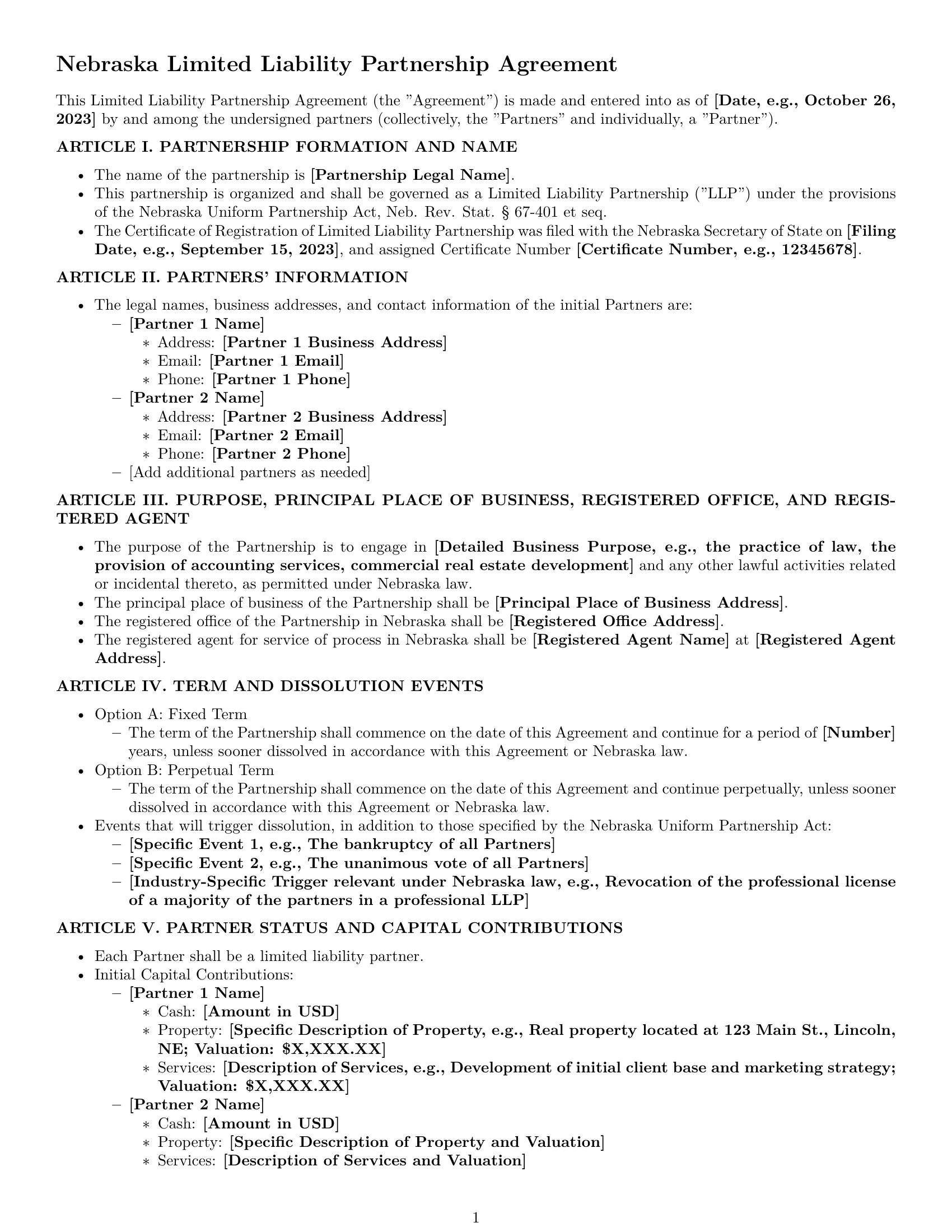 Preview page 1 of Pro Nebraska limited liability partnership agreement template