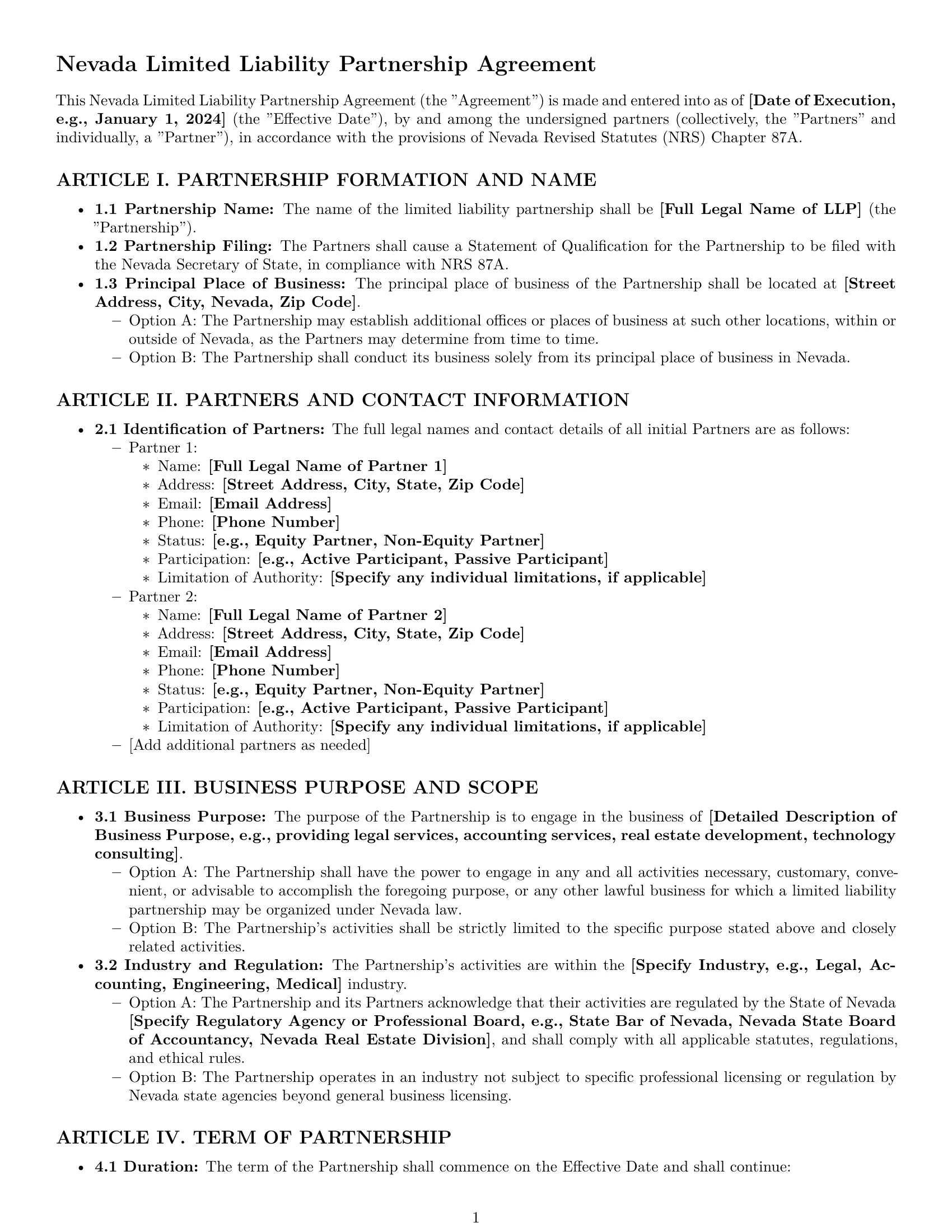 Preview page 1 of Pro Nevada limited liability partnership agreement template