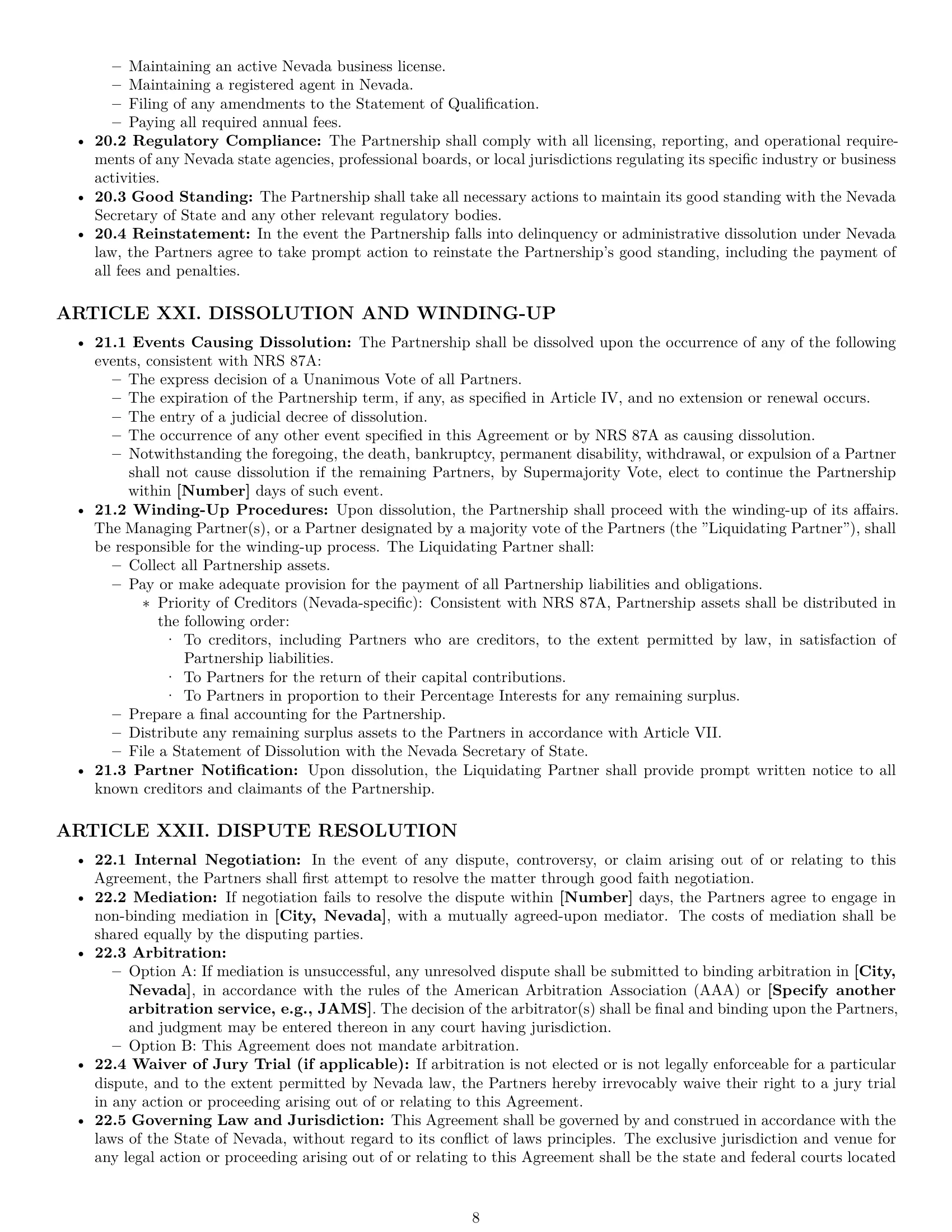Preview page 8 of Pro Nevada limited liability partnership agreement template
