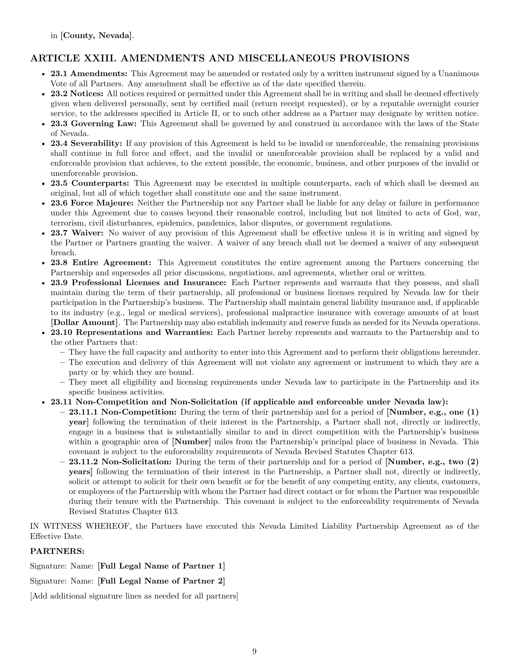 Preview page 9 of Pro Nevada limited liability partnership agreement template