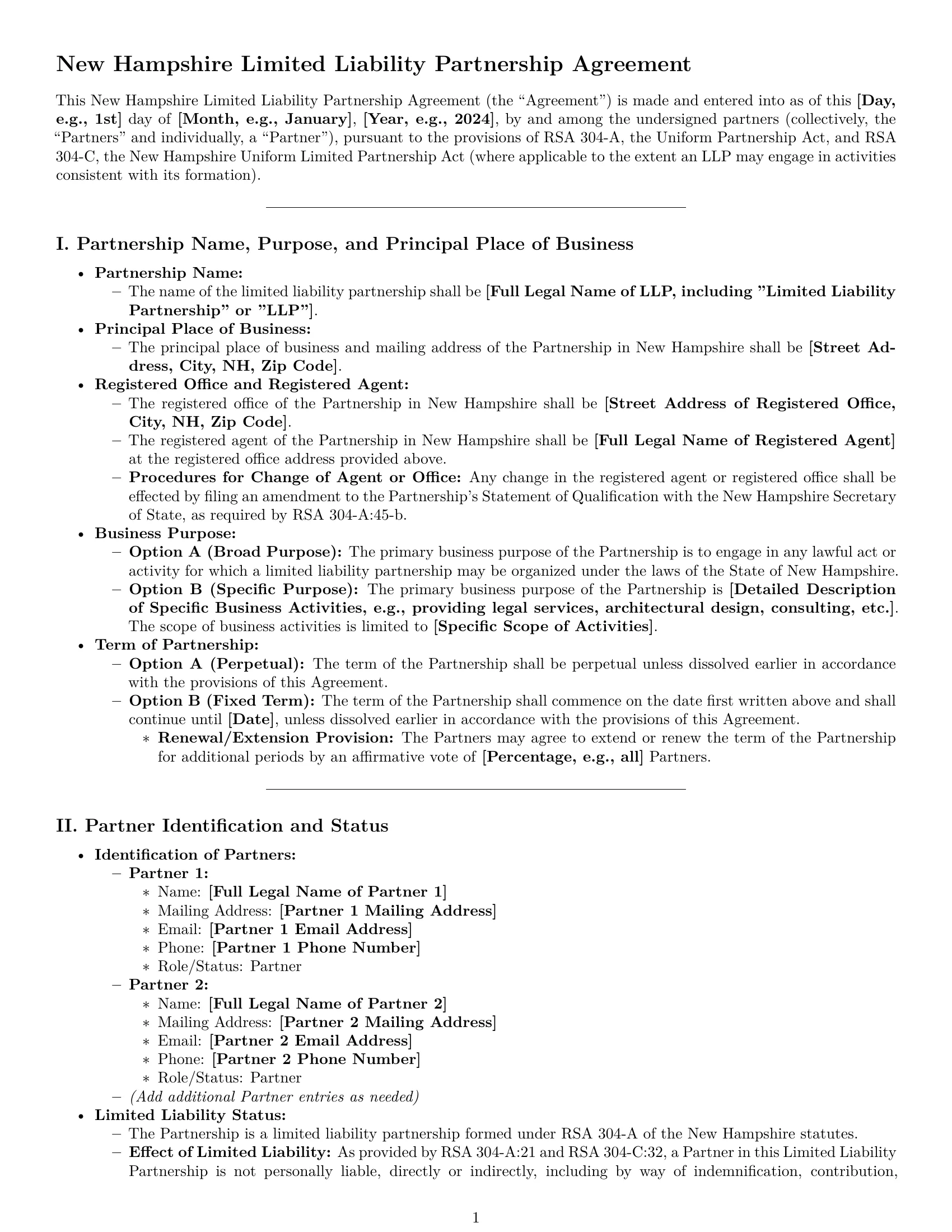 Preview page 1 of Pro New Hampshire limited liability partnership agreement template