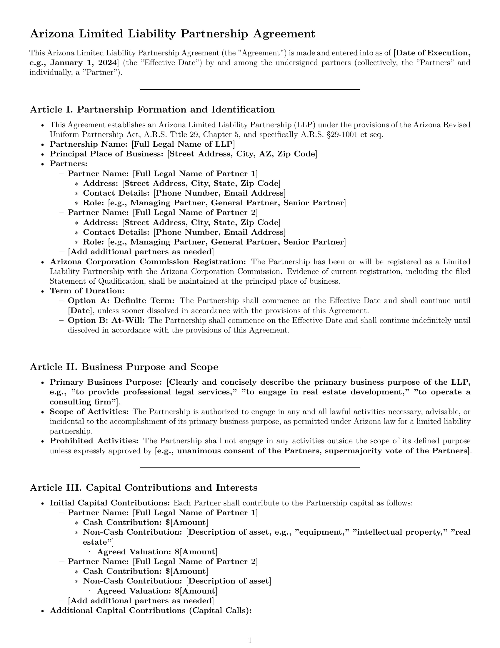 Preview page 1 of Pro Arizona limited liability partnership agreement template