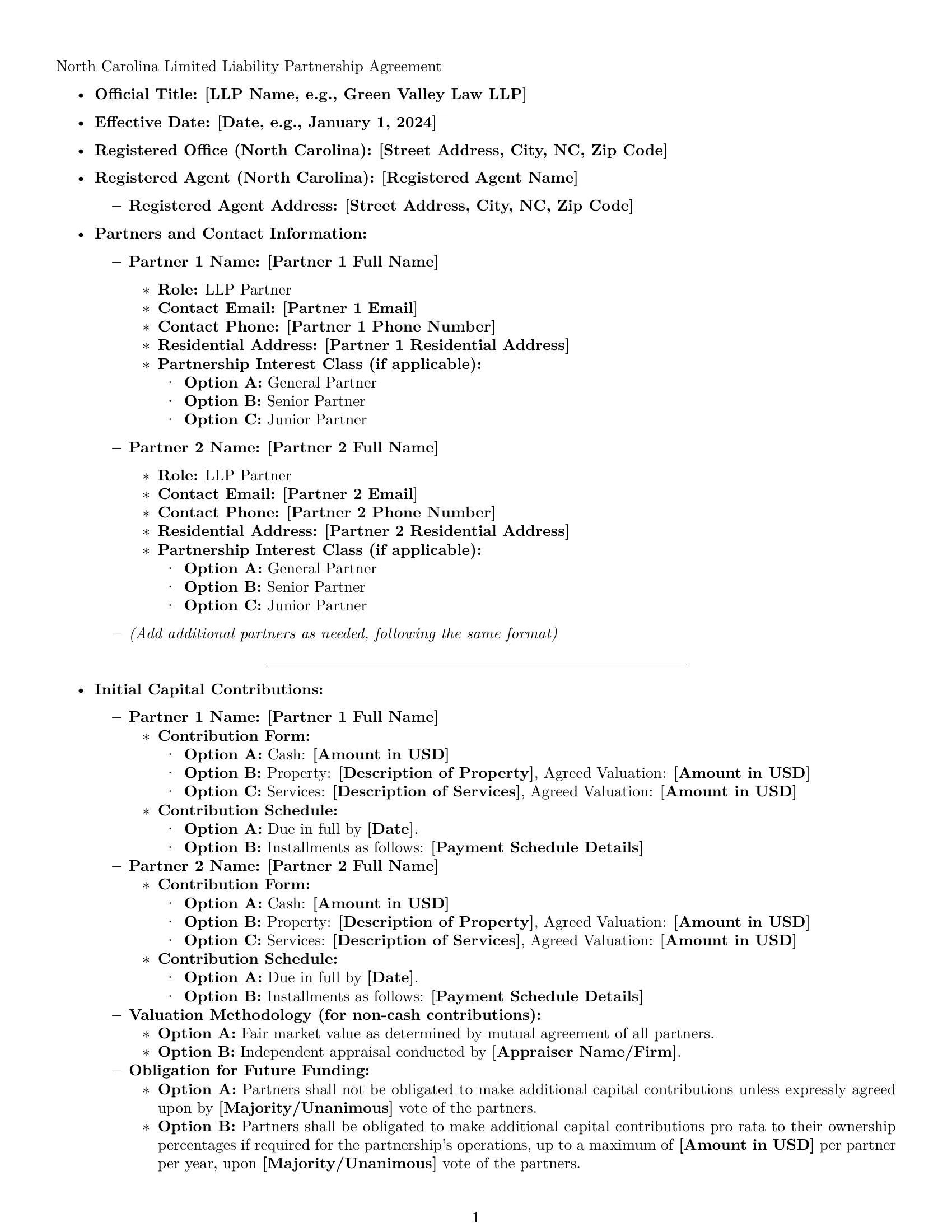 Preview page 1 of Pro North Carolina limited liability partnership agreement template