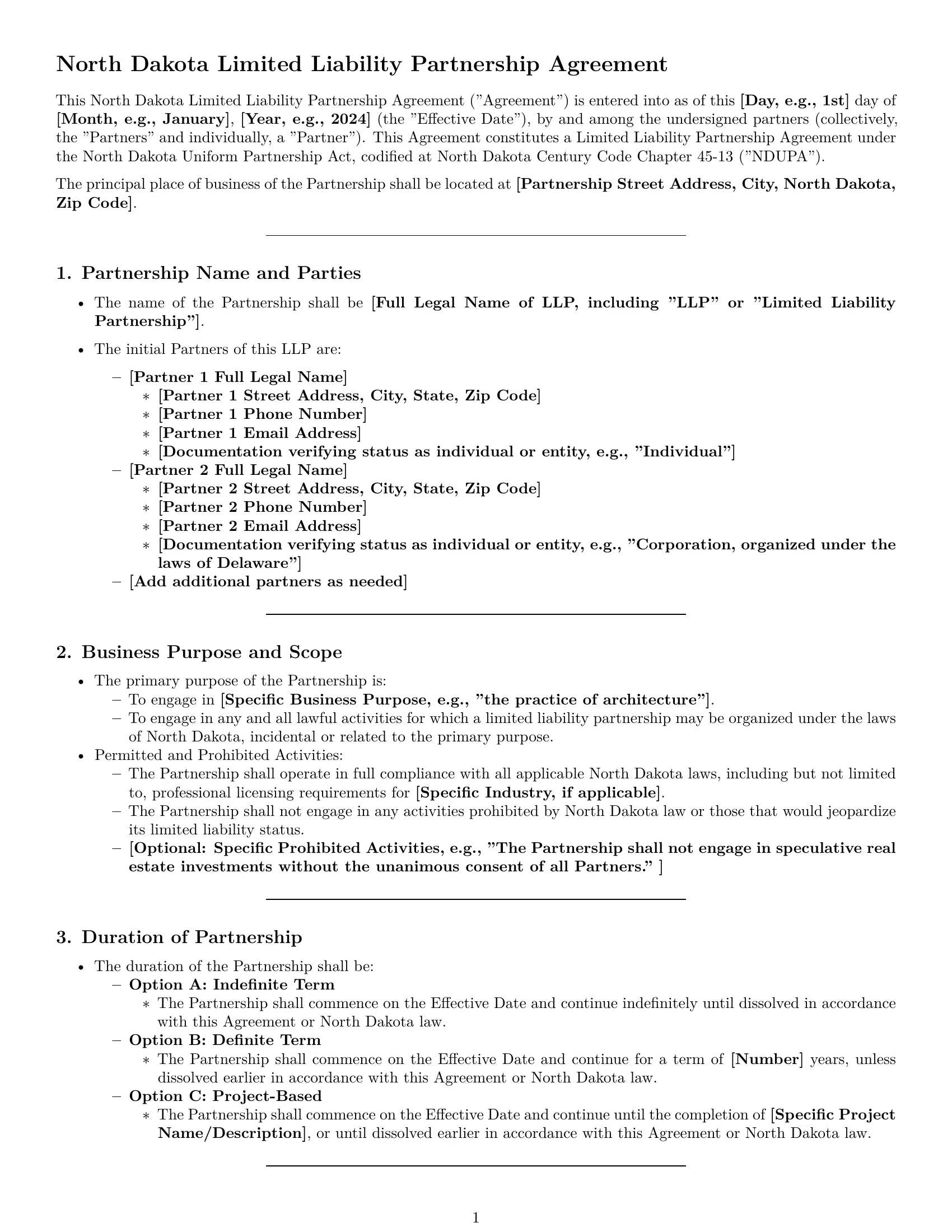 Preview page 1 of Pro North Dakota limited liability partnership agreement template